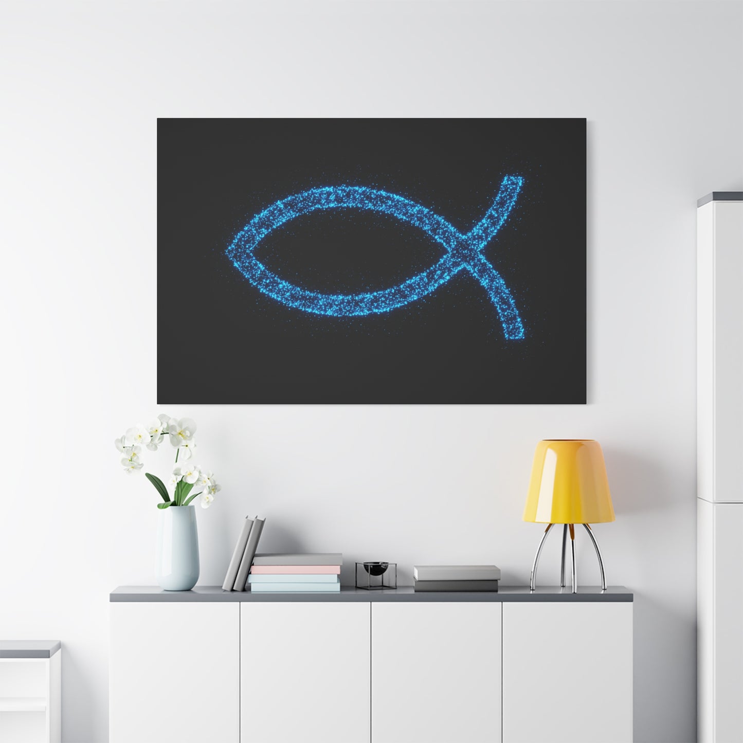 Blue Glitter Fish Symbol Matte Canvas Wall Art