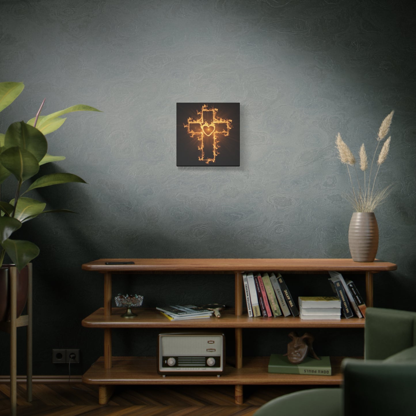 Flaming Heart and Cross Christian Wall Art Canvas