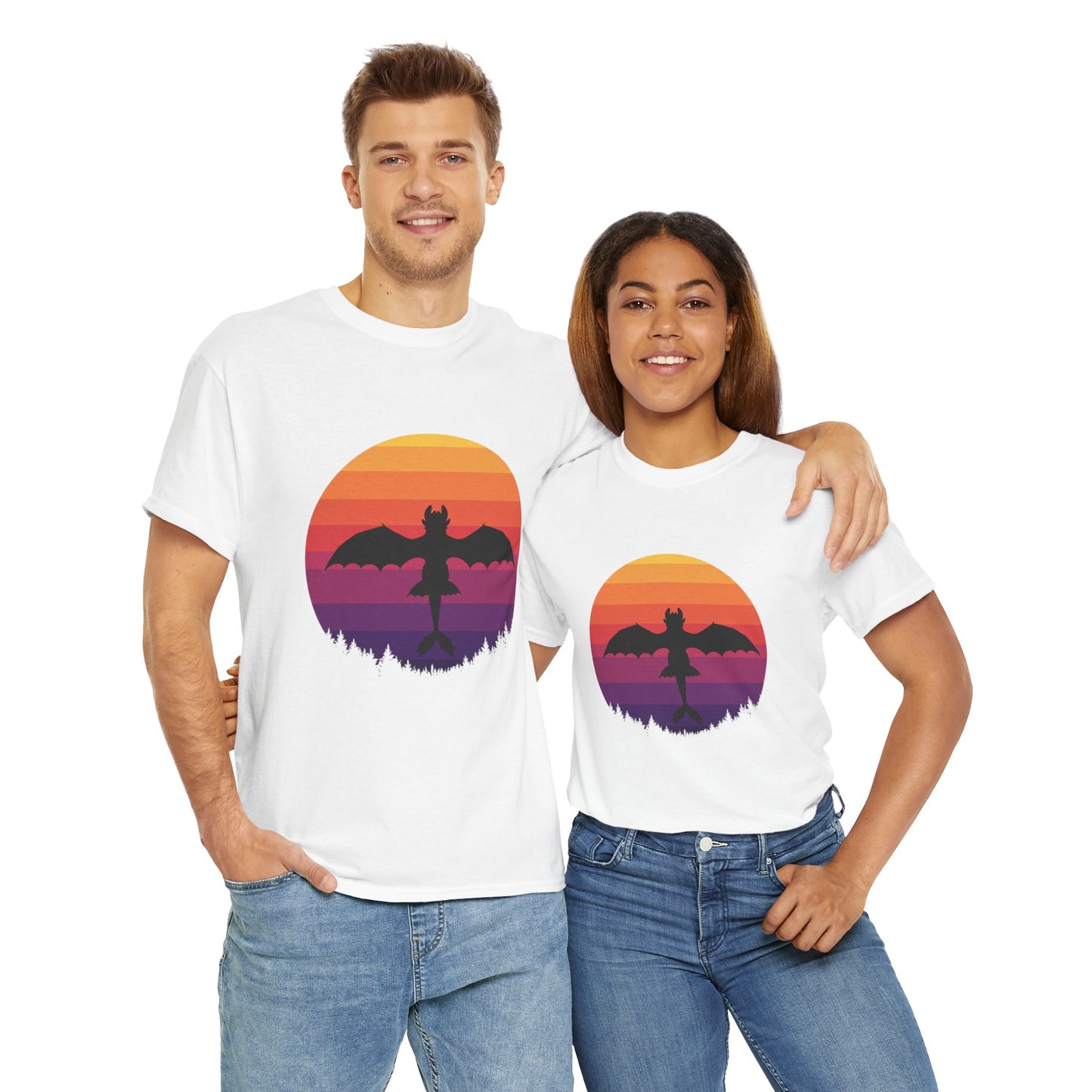 Night Dragon Sunset T-Shirt | Retro Dragon Silhouette Tee | Fantasy Dragon Shirt | Unisex Graphic Tee | Gift for Dragon Lovers