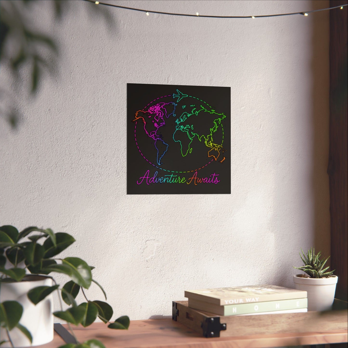 Adventure Awaits Neon Poster - Y2K Rainbow World Map and Plane Wall Art - Travel Aesthetic Decor for Office, Dorm, Bedroom + Gift