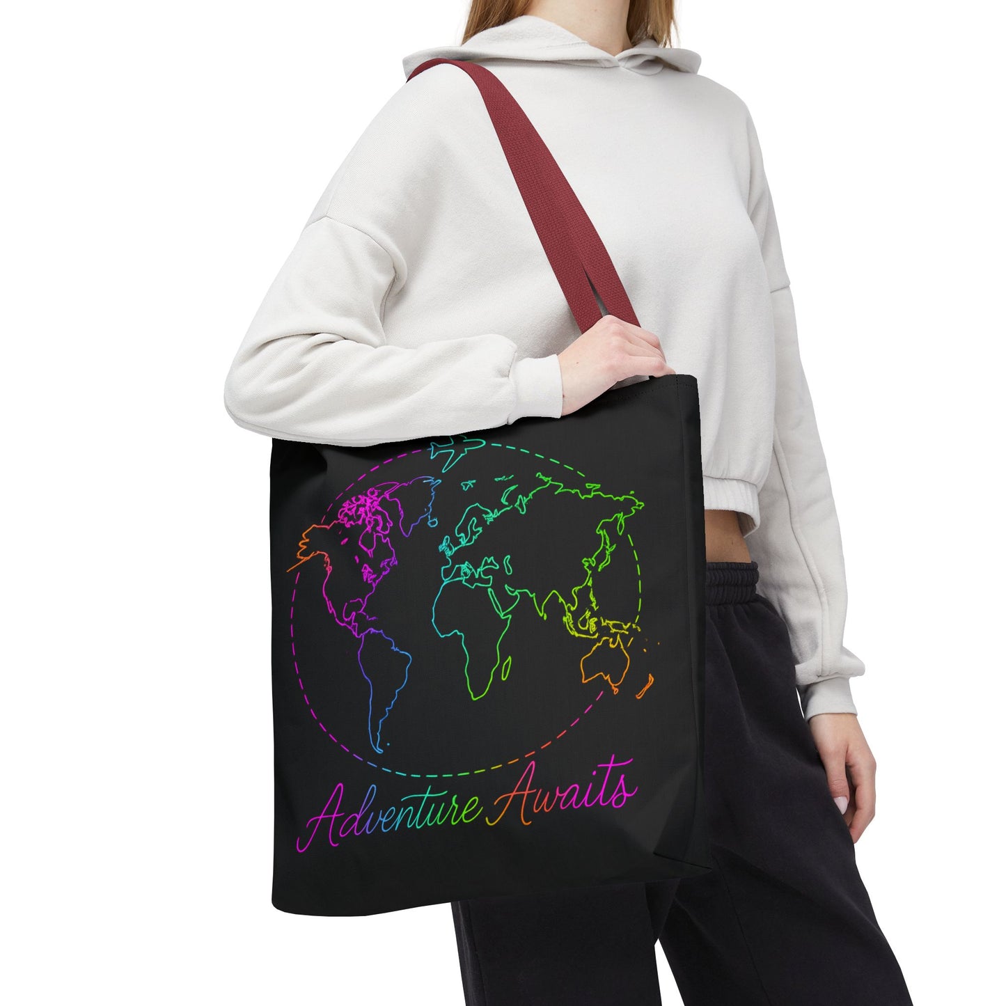 Adventure Awaits Neon Tote Bag - Y2K Rainbow World Map and Plane Travel Tote, Reusable Canvas Tote for Airport, Beach, Market + Gift