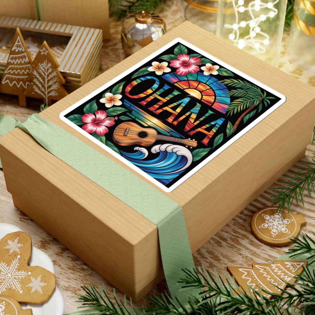 Ohana Sticker - Hawaiian Aesthetic Decal, Tropical Sunset, Ukulele, Hibiscus Flowers, Aloha Vibes