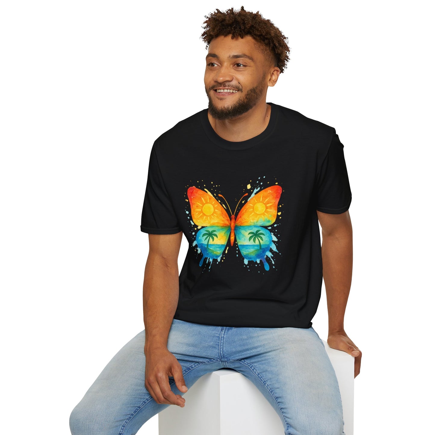Butterfly Sunset Beach Tee - Ocean & Palm Watercolor Butterfly T-Shirt, Coastal Boho Graphic, Nature Lover Gift, Unisex Casual Tee