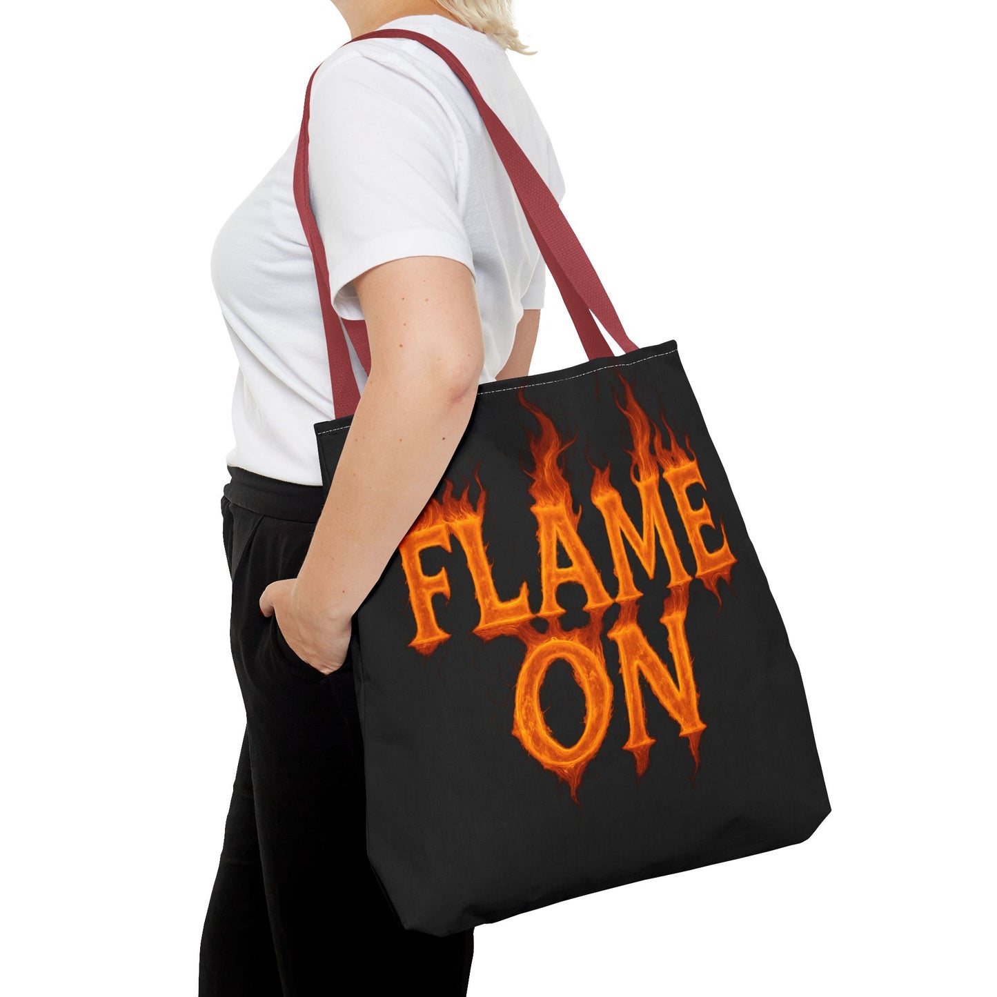 Flame On Tote Bag - Fire Typography Black Bag for Book Lovers, Gym, or Groceries | Bold Comic-Inspired Catchphrase Tote