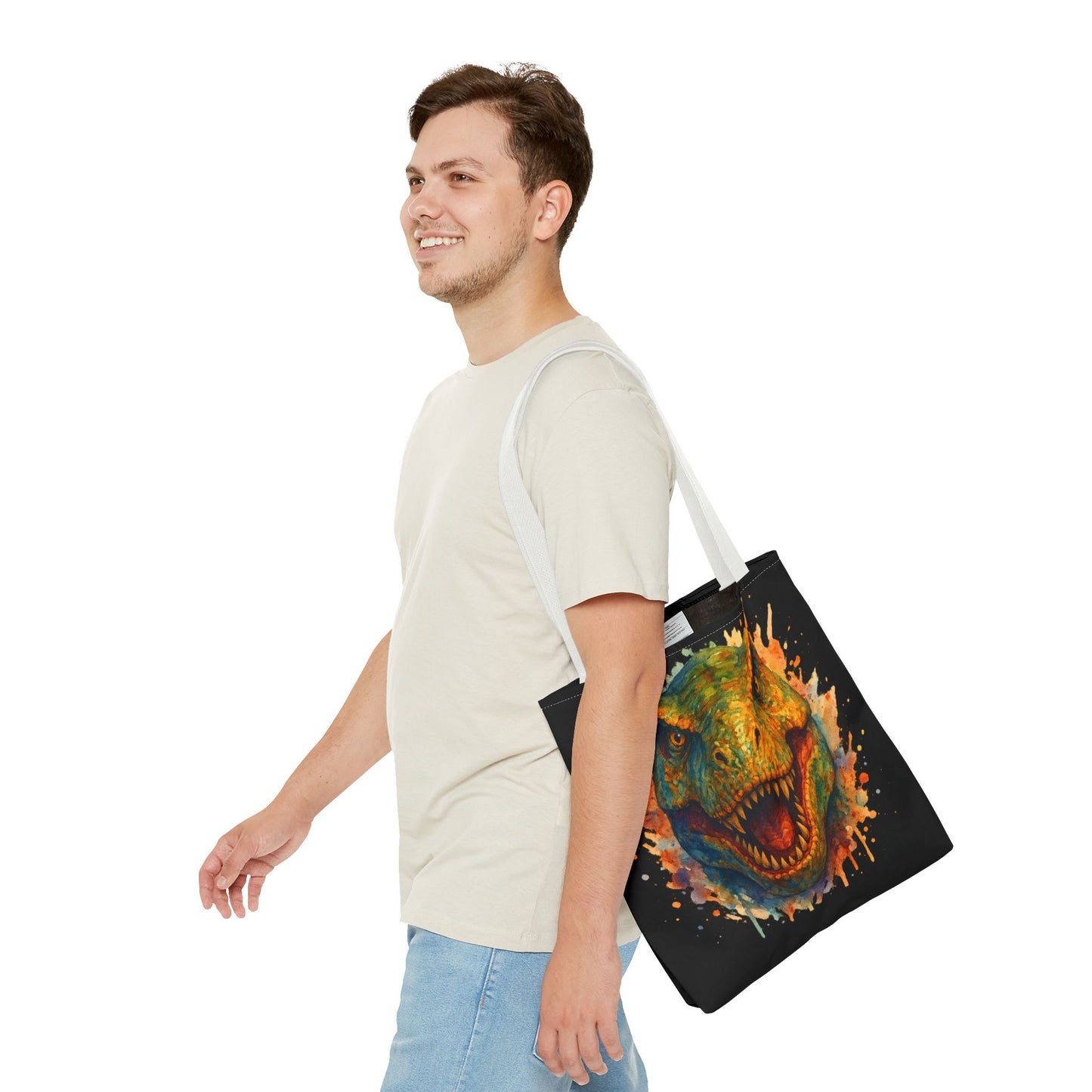 T-Rex Watercolor Tote Bag - 100% Polyester Canvas, Vibrant Dinosaur Art Bag, Reusable Beach-Market Tote, Dino Lover Gift, Bold Style