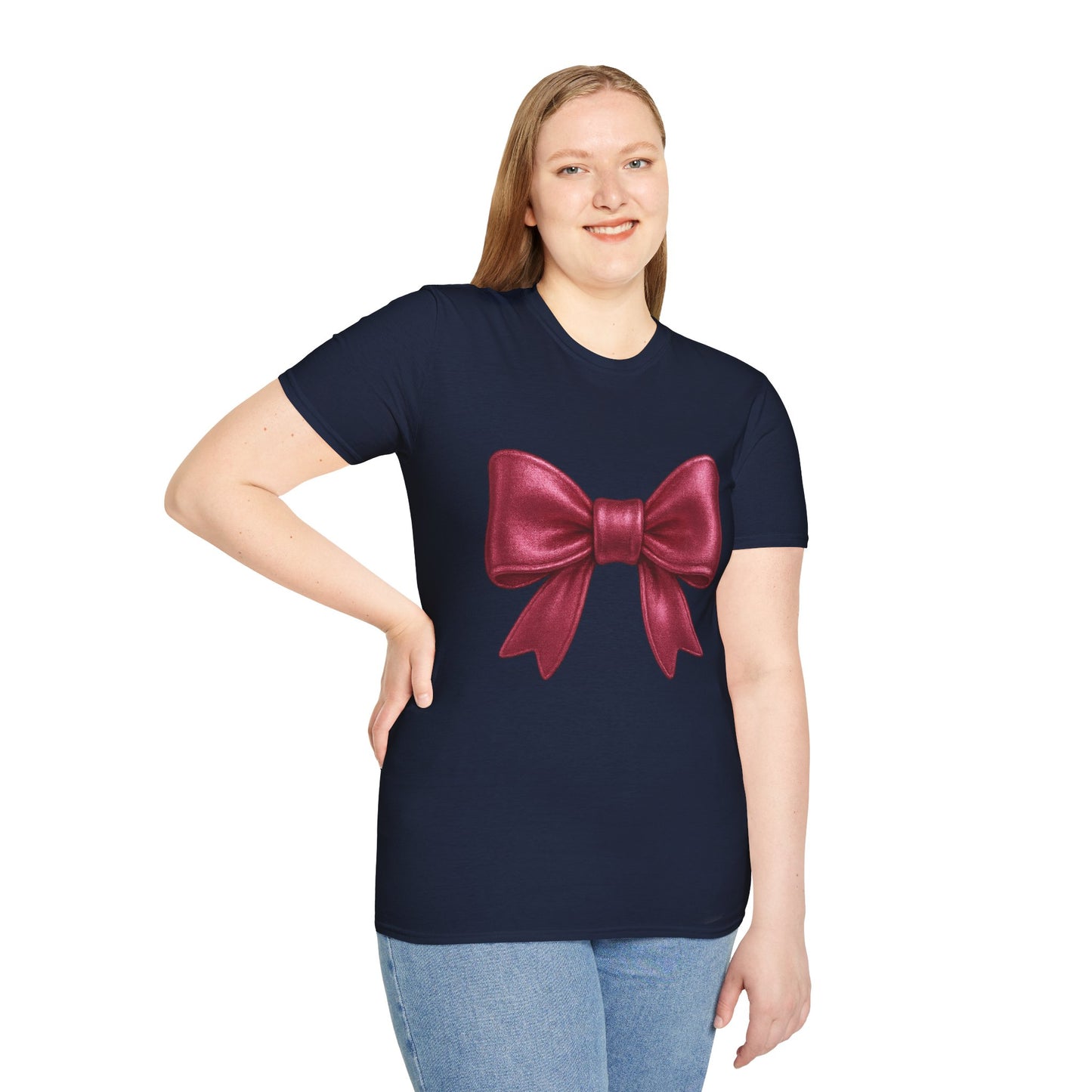 Metallic Burgundy Bow T-Shirt π | Elegant Cute Graphic Tee | Unisex Softstyle Shirt | Gift for Her, Aesthetic Outfit, Celebration Wear