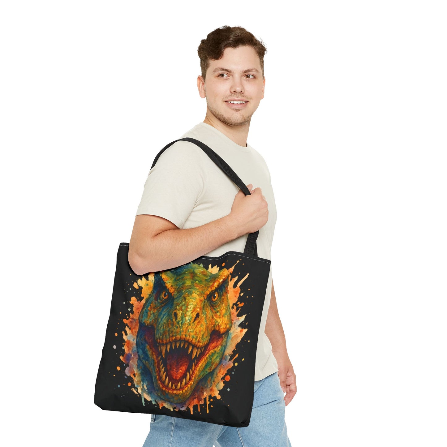 T-Rex Watercolor Tote Bag - 100% Polyester Canvas, Vibrant Dinosaur Art Bag, Reusable Beach-Market Tote, Dino Lover Gift, Bold Style