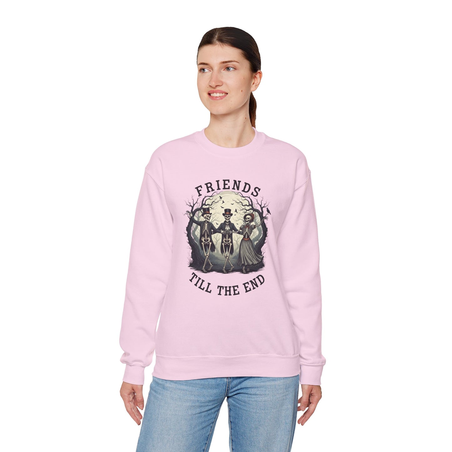 Friends Till The End Skeleton Sweatshirt | Dancing Skeletons Halloween Crewneck | Spooky Fall Graphic Pullover Gift for Bestie