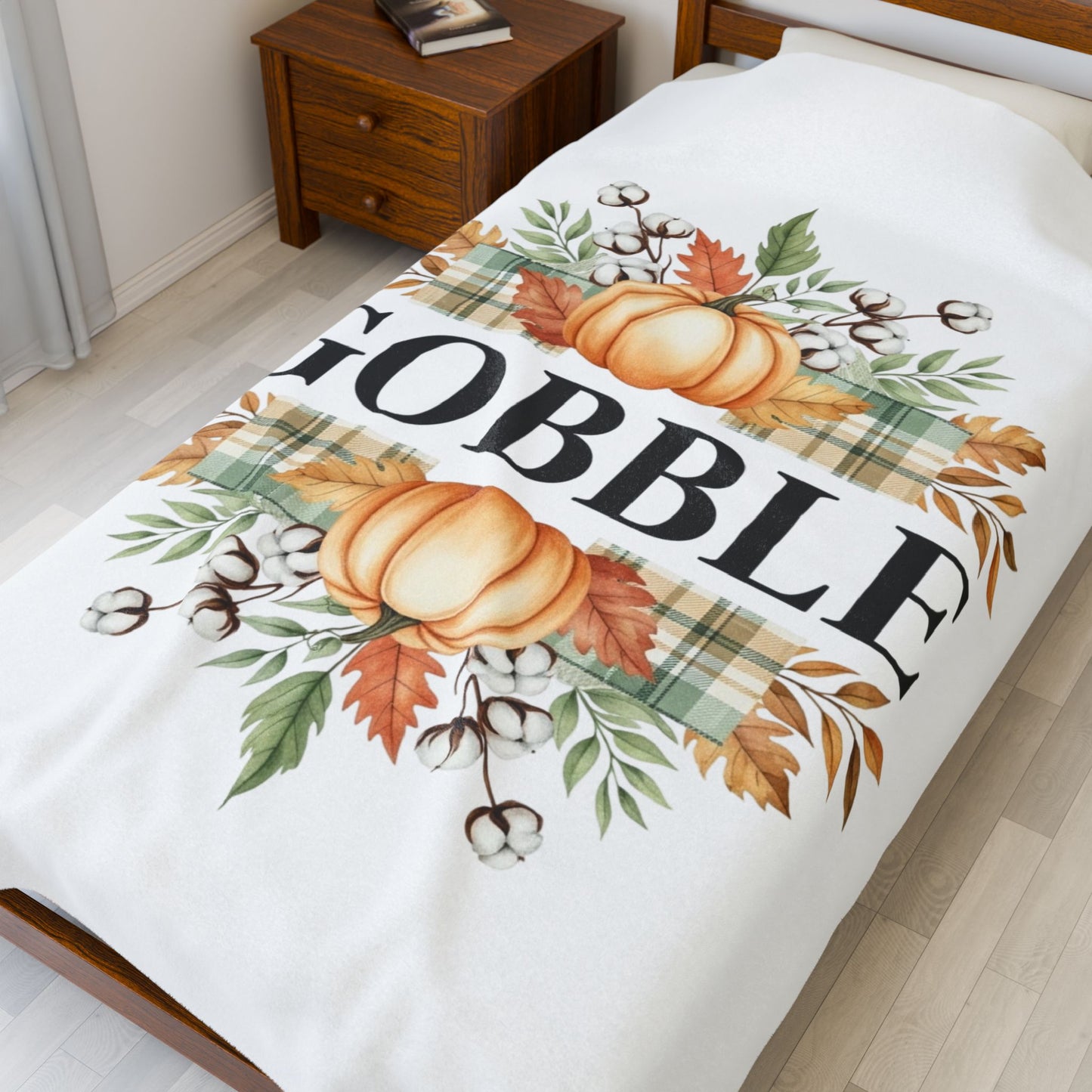 Gobble Fall Blanket, Thanksgiving Throw Blanket With Pumpkins And Leaves, Cozy Autumn Decor, Soft Fleece Blanket Gift For Family Gatherings