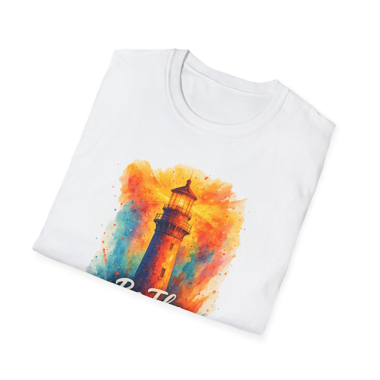 Be The Light Lighthouse T-Shirt | Inspirational Spiritual Tee | Coastal Nautical Gift for Her and Him | Unisex Softstyle Graphic Tee