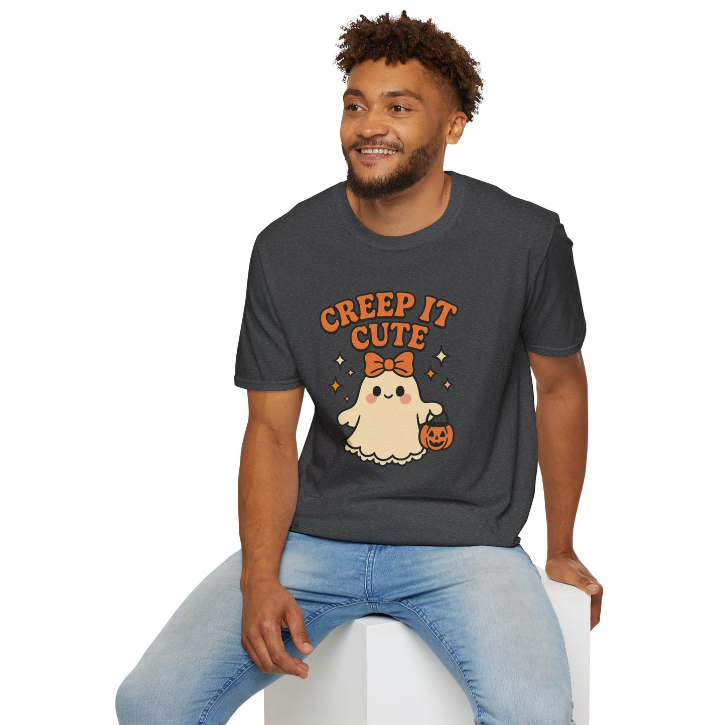 Creep It Cute Ghost Halloween Shirt - Kawaii Ghost Tee with Bow and Pumpkin, Spooky-Cute Fall Graphic T-Shirt, Spooky Season Halloween Top