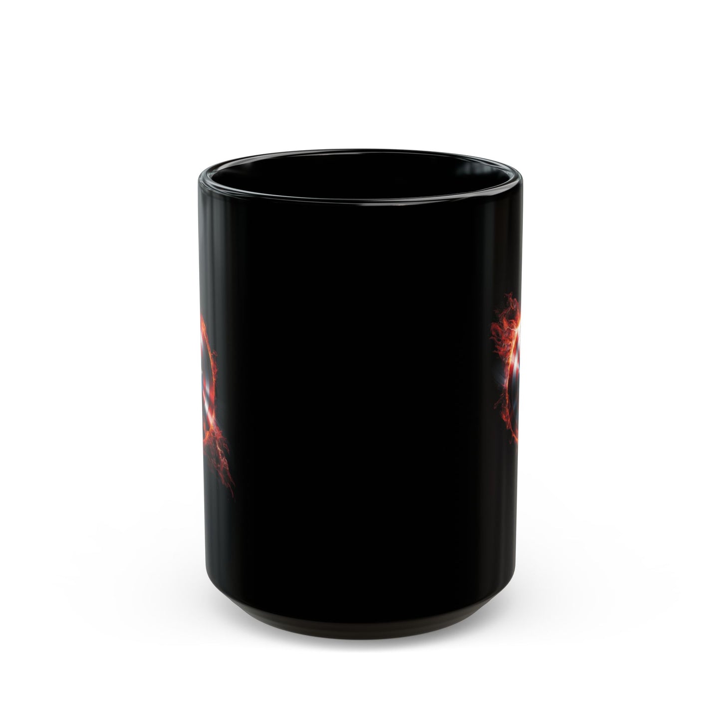 Flaming Shield Emblem Mug - Fiery Red White Blue Star Coffee Cup, Metal-Inspired Symbol Design, Bold Hero Vibes Gift for Fans and Coffee Lovers