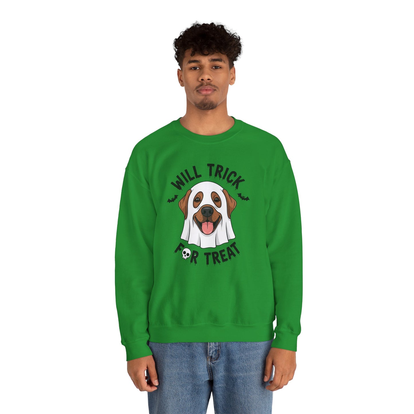Will Trick for Treat Sweatshirt, Ghost Dog Halloween Crewneck, Funny Pet Costume Graphic Pullover, Trick-or-Treat Dog Lover Gift Sweater
