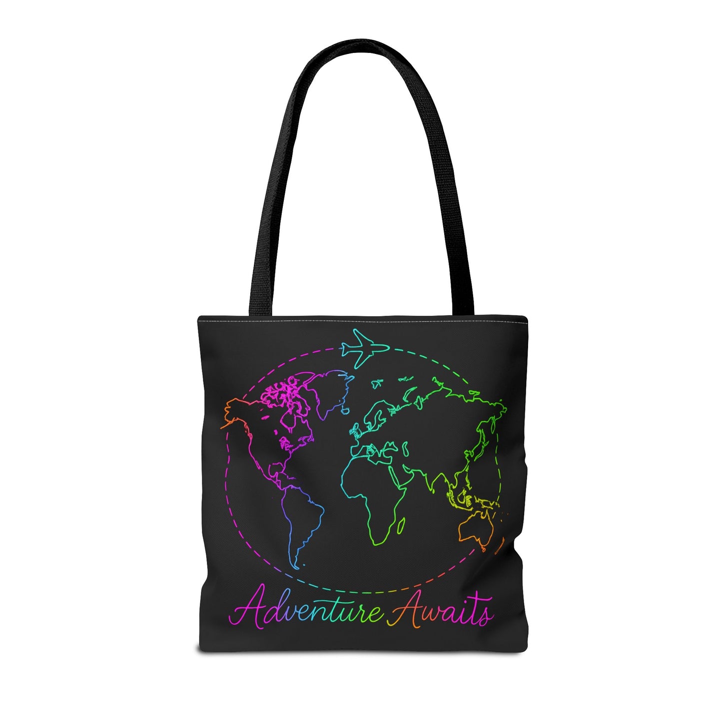 Adventure Awaits Neon Tote Bag - Y2K Rainbow World Map and Plane Travel Tote, Reusable Canvas Tote for Airport, Beach, Market + Gift