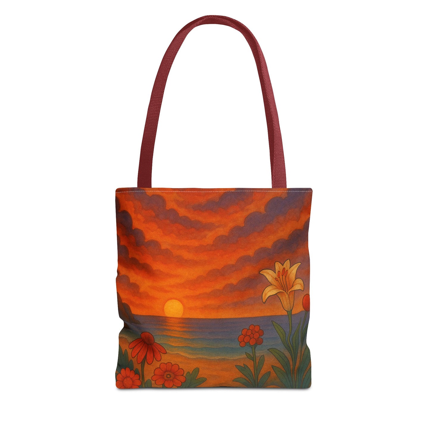 Retro Sunset Tote Bag with Wildflowers – Vibrant Floral Landscape Art, Nature-Inspired Reusable Bag, 70s Style Summer Accessory