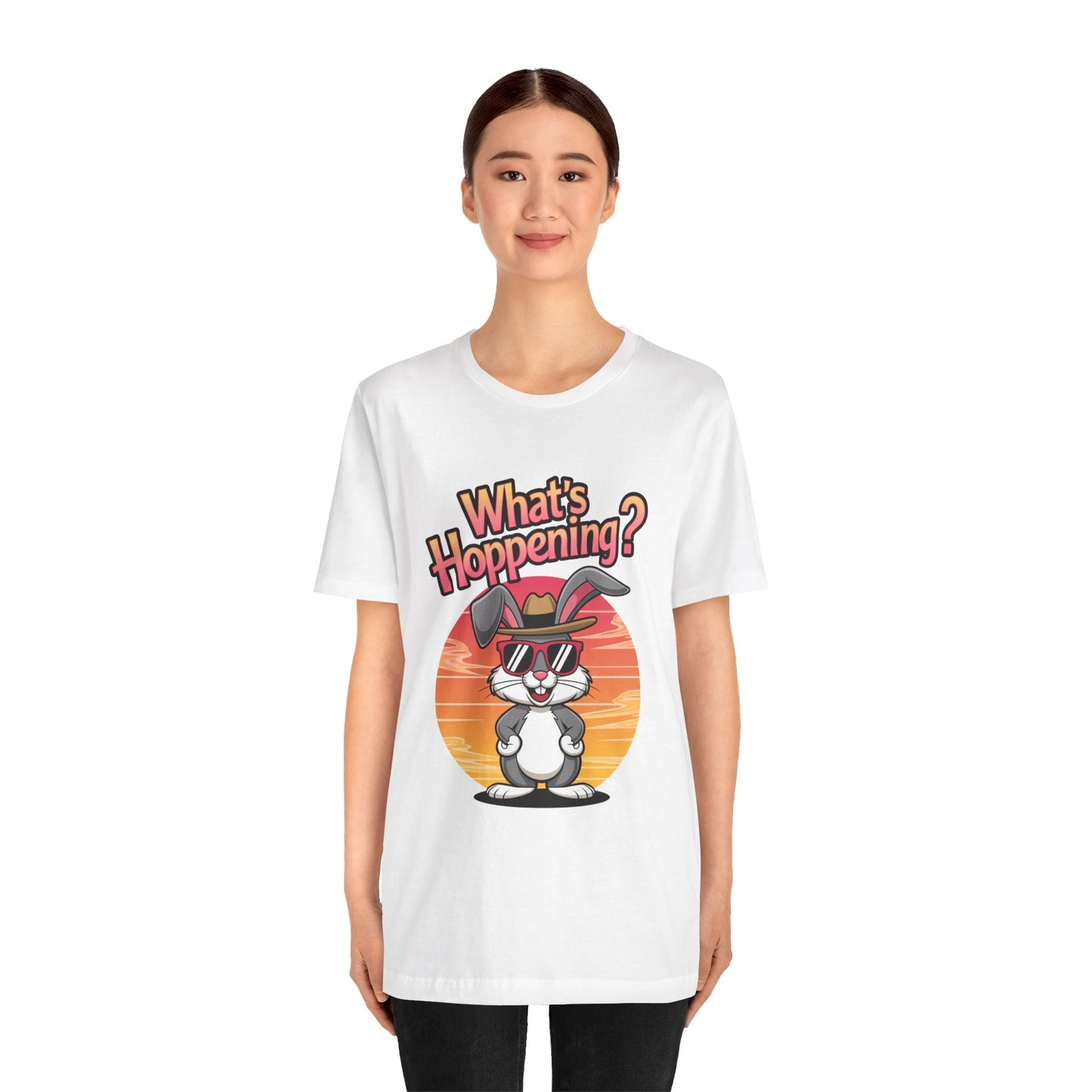 What’s Hoppening Funny Bunny Shirt – Cute Rabbit Pun T-Shirt – Sunset Graphic Tee for Animal Lovers, Easter, and Pun Enthusiasts