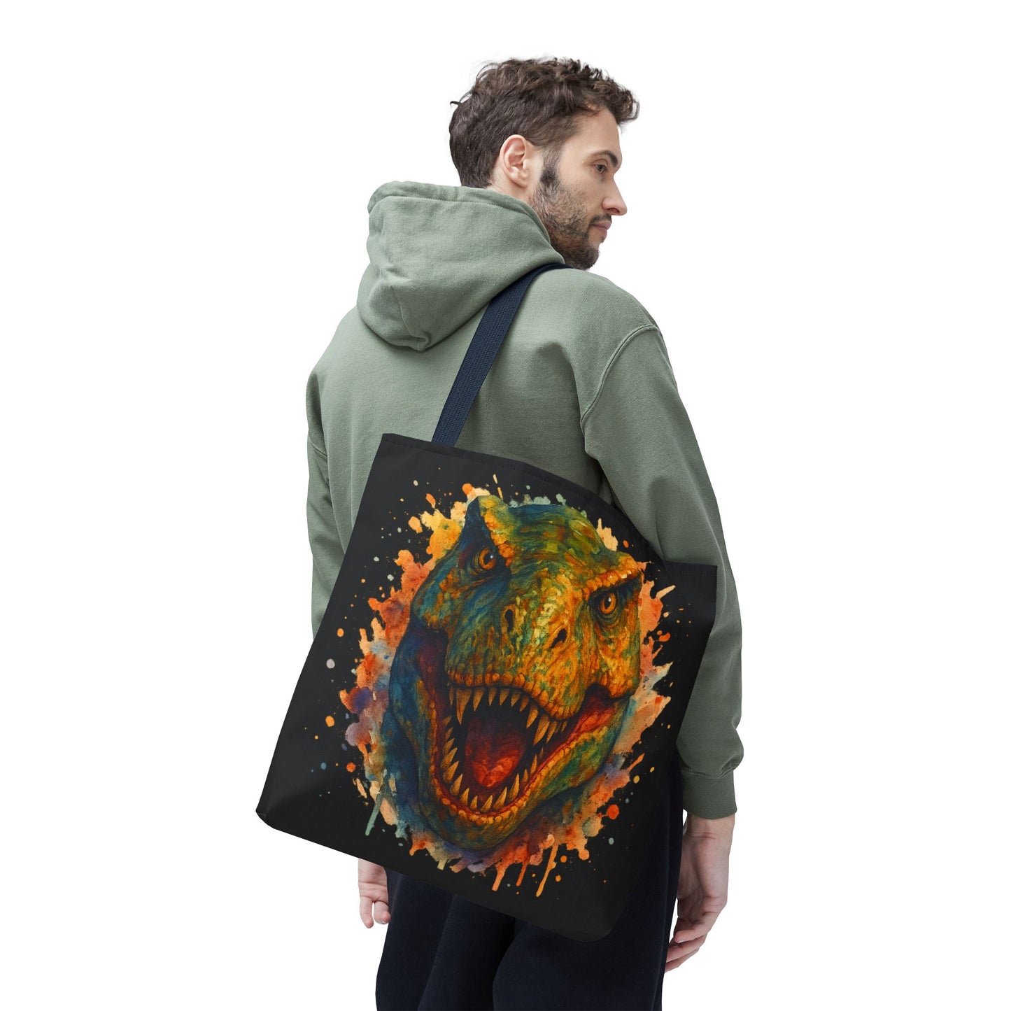 T-Rex Watercolor Tote Bag - 100% Polyester Canvas, Vibrant Dinosaur Art Bag, Reusable Beach-Market Tote, Dino Lover Gift, Bold Style