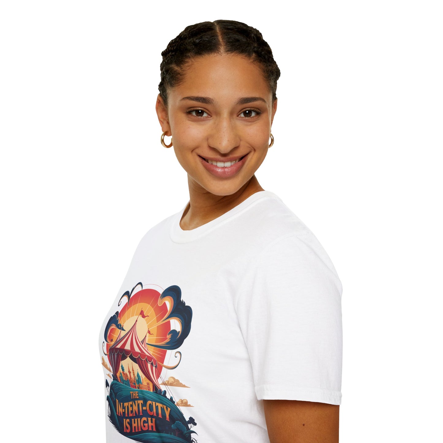 In-Tent-City Is High Retro Camp T-Shirt | Vintage Circus Tent + Cityscape Graphic | Funny Outdoors Urban Adventure Tee | Unisex Camper Shirt