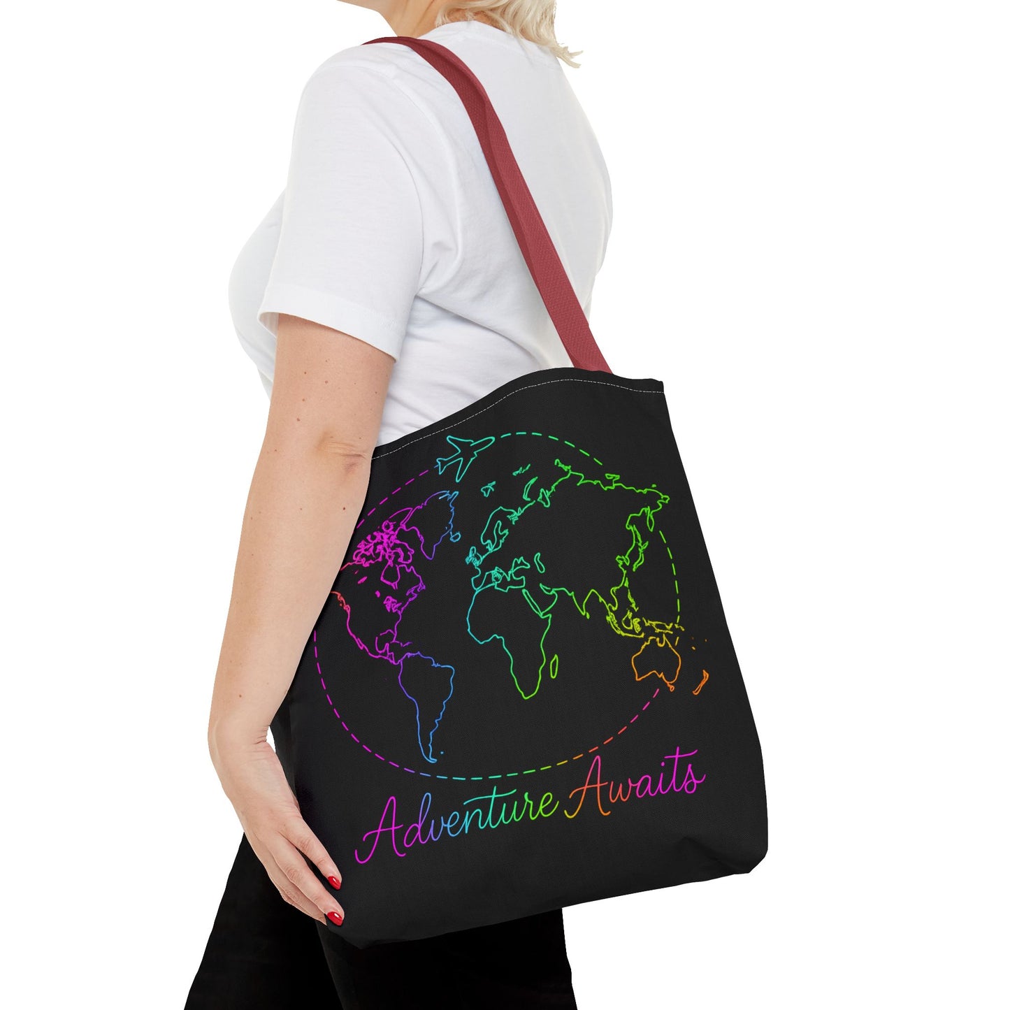 Adventure Awaits Neon Tote Bag - Y2K Rainbow World Map and Plane Travel Tote, Reusable Canvas Tote for Airport, Beach, Market + Gift