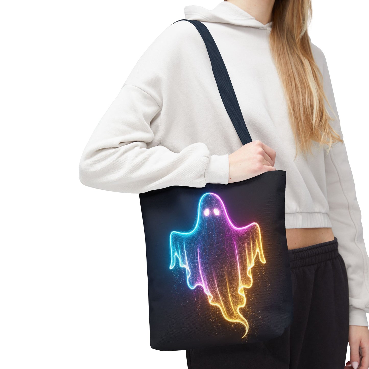 Neon Ghost Tote Bag - Bright Colorful Ghost Print Shoulder Tote, Spooky Cute Reusable Canvas Bag, Halloween Aesthetic Everyday Carry
