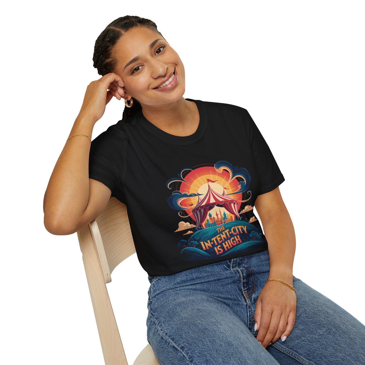 In-Tent-City Is High Retro Camp T-Shirt | Vintage Circus Tent + Cityscape Graphic | Funny Outdoors Urban Adventure Tee | Unisex Camper Shirt