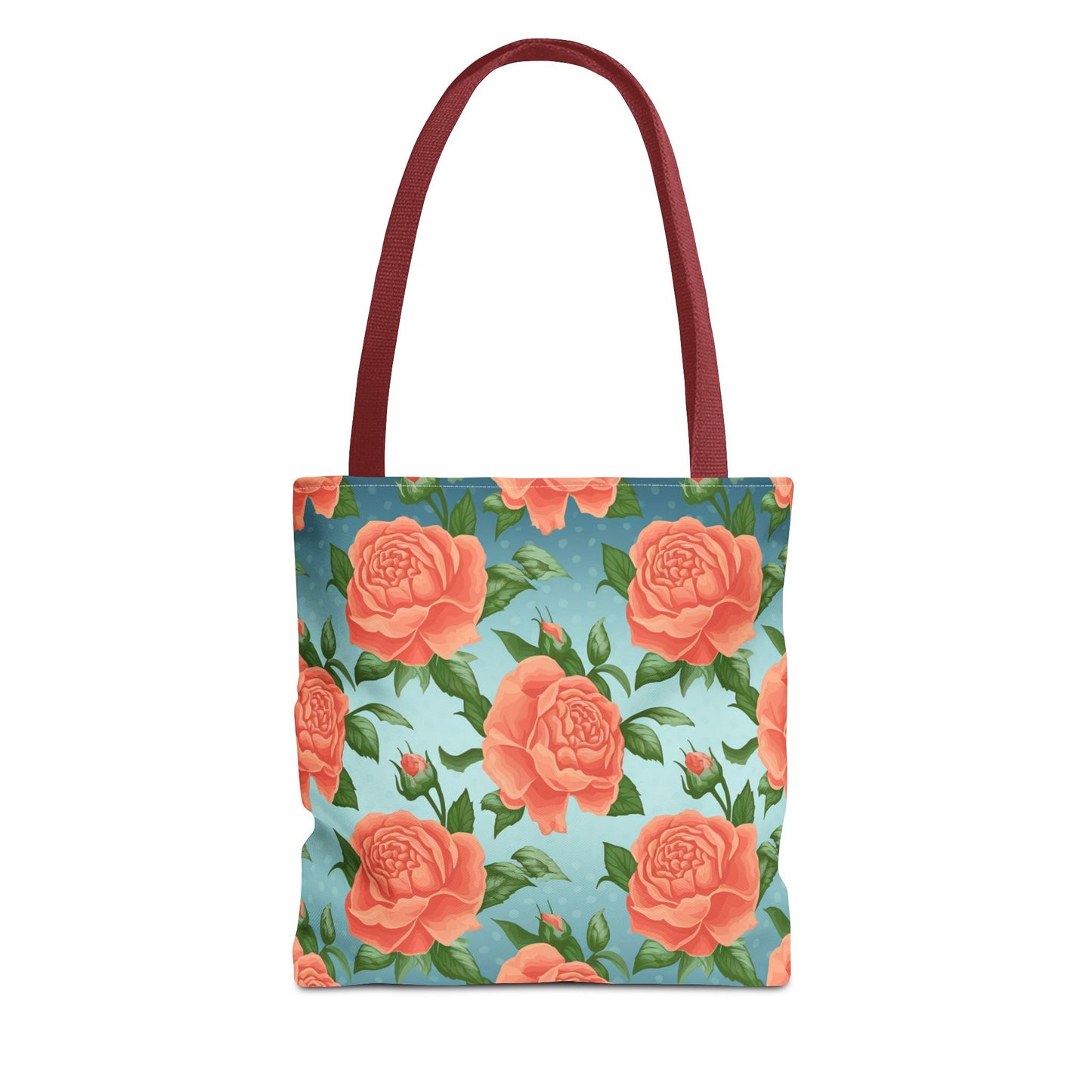 Vintage Floral Tote Bag – Coral Rose Pattern on Blue Background – Aesthetic Everyday Carry Bag – Reusable Fabric Market Tote Gift
