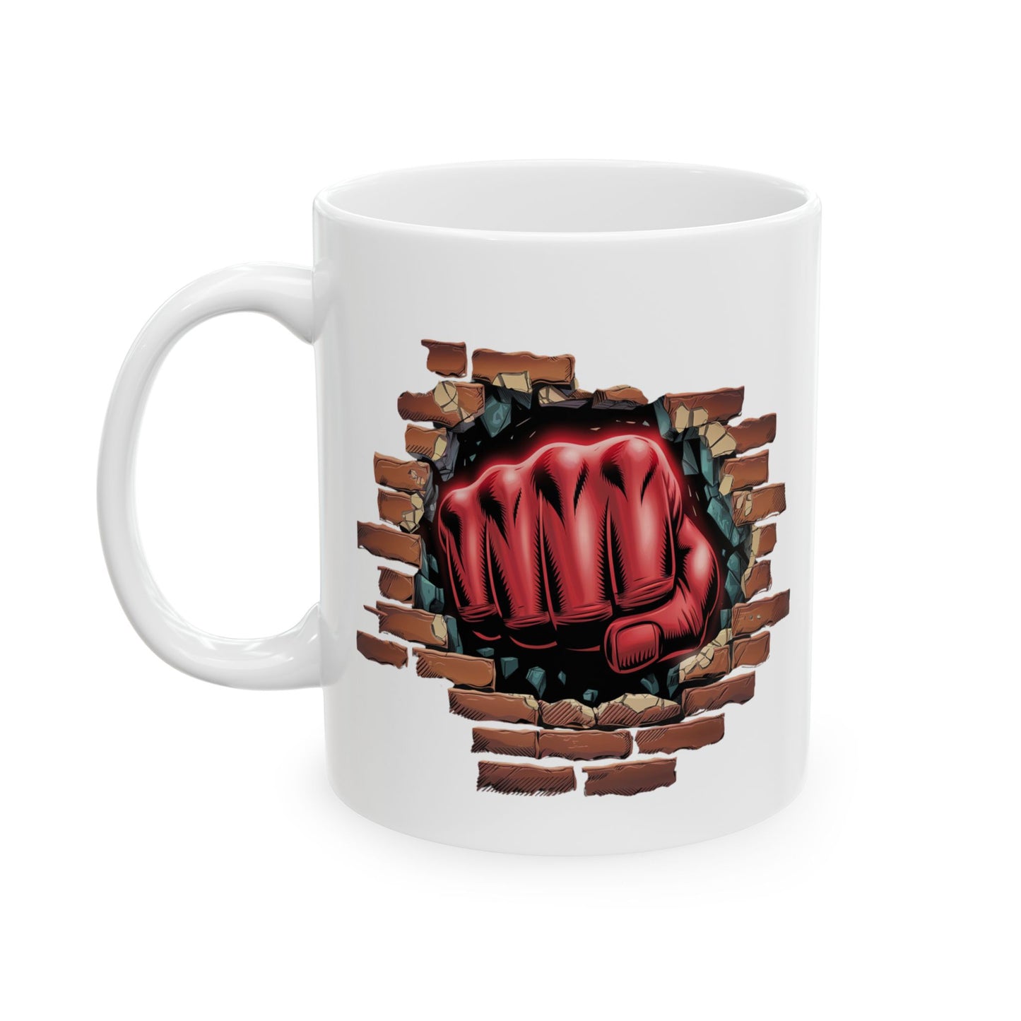Red Fist Breaking Through Brick Mug – Bold Graphic 11oz or 15oz Ceramic Coffee Cup – Edgy Statement Gift for Him or Her, Cottagecore & Galaxy Aesthetic