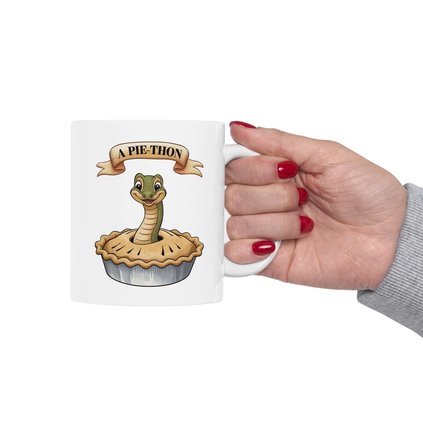 Pie-Thon Snake Mug - Funny Python Pie Pun Mug, Quirky Animal Cartoon Ceramic Coffee Cup, Novelty Gift for Snake Lovers & Bakery Fans