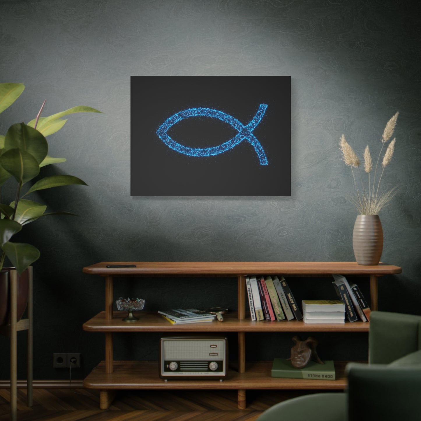 Blue Glitter Fish Symbol Matte Canvas Wall Art