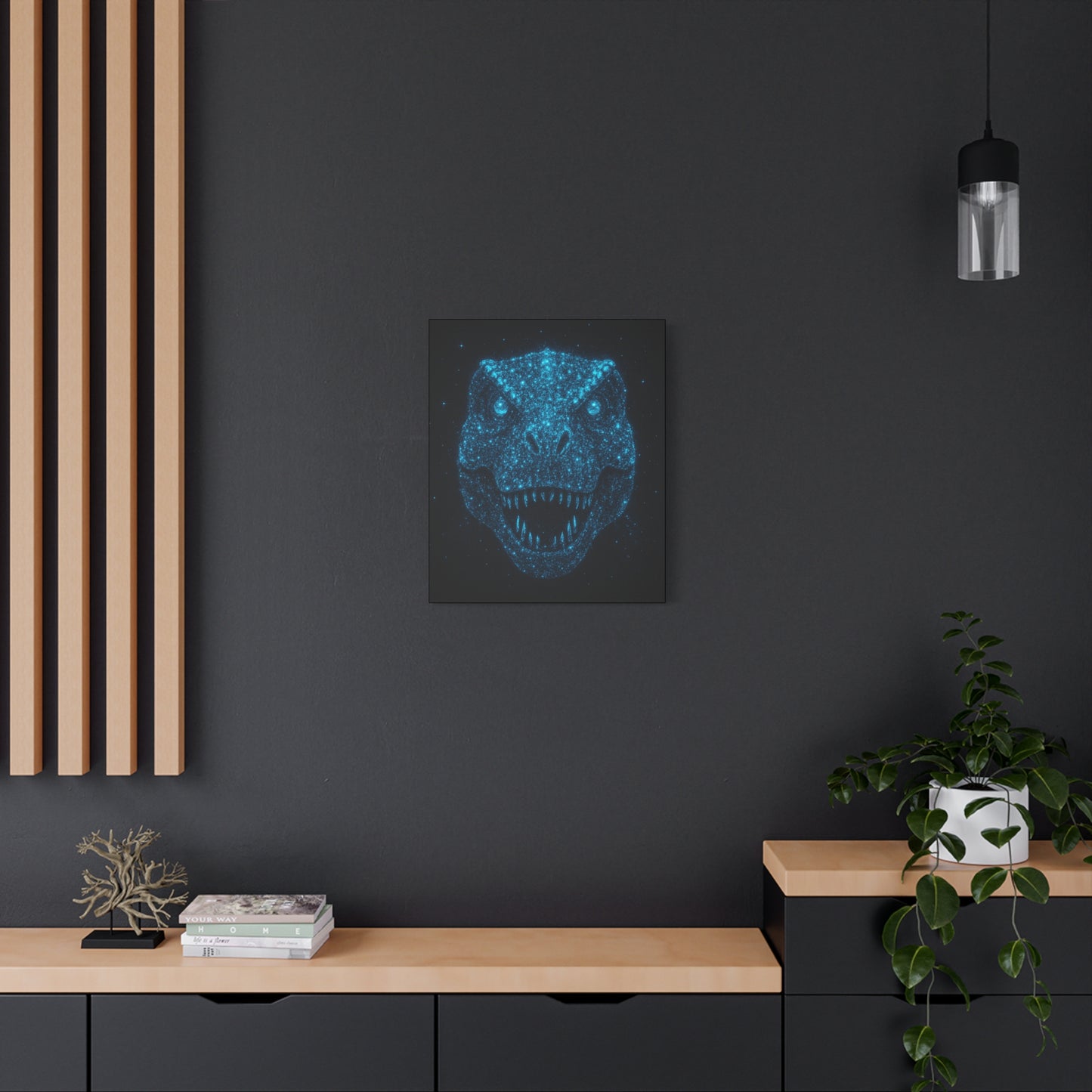 T-Rex Canvas Art - Blue Bioluminescent Particles Dinosaur Wall Decor, Modern Sci-Fi Bedroom Print, Kids and Adult Room Art Gift