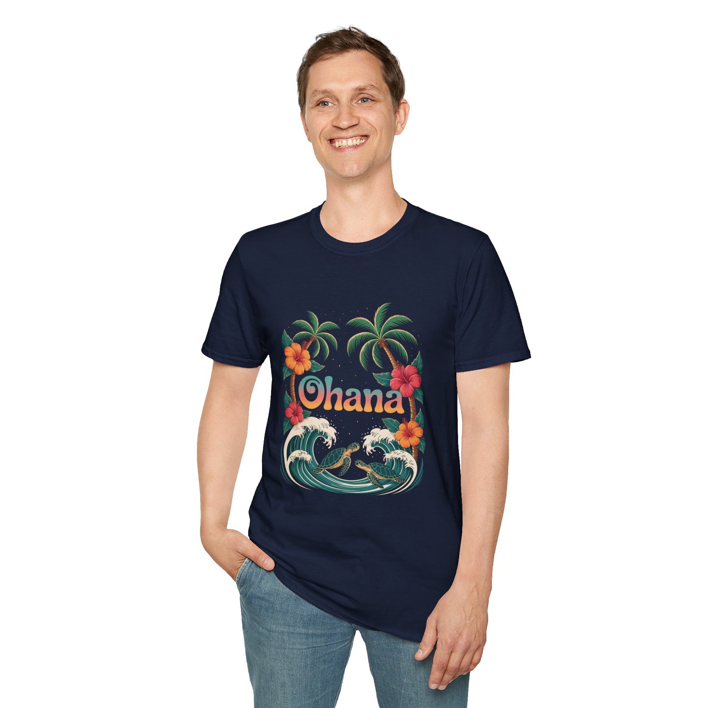 Ohana Shirt - Retro Hawaiian Sea Turtle & Palm Tree Graphic Tee - Tropical Beach Family Gift, Summer Vacation Aesthetic T-Shirt