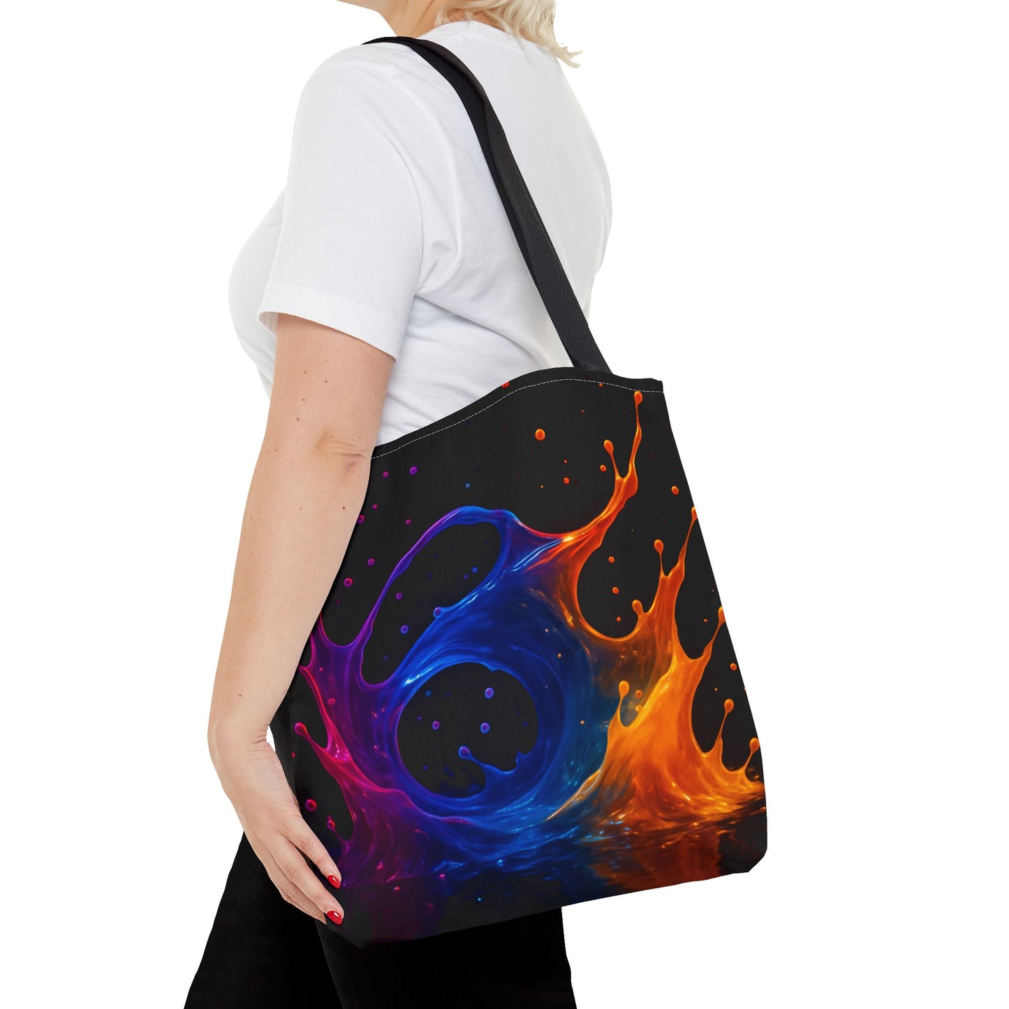 Elemental Fusion Tote Bag, Fire And Water Abstract Art Design, Vibrant Blue And Orange Splash Reusable Tote For Artists, Travel, And Everyday Use