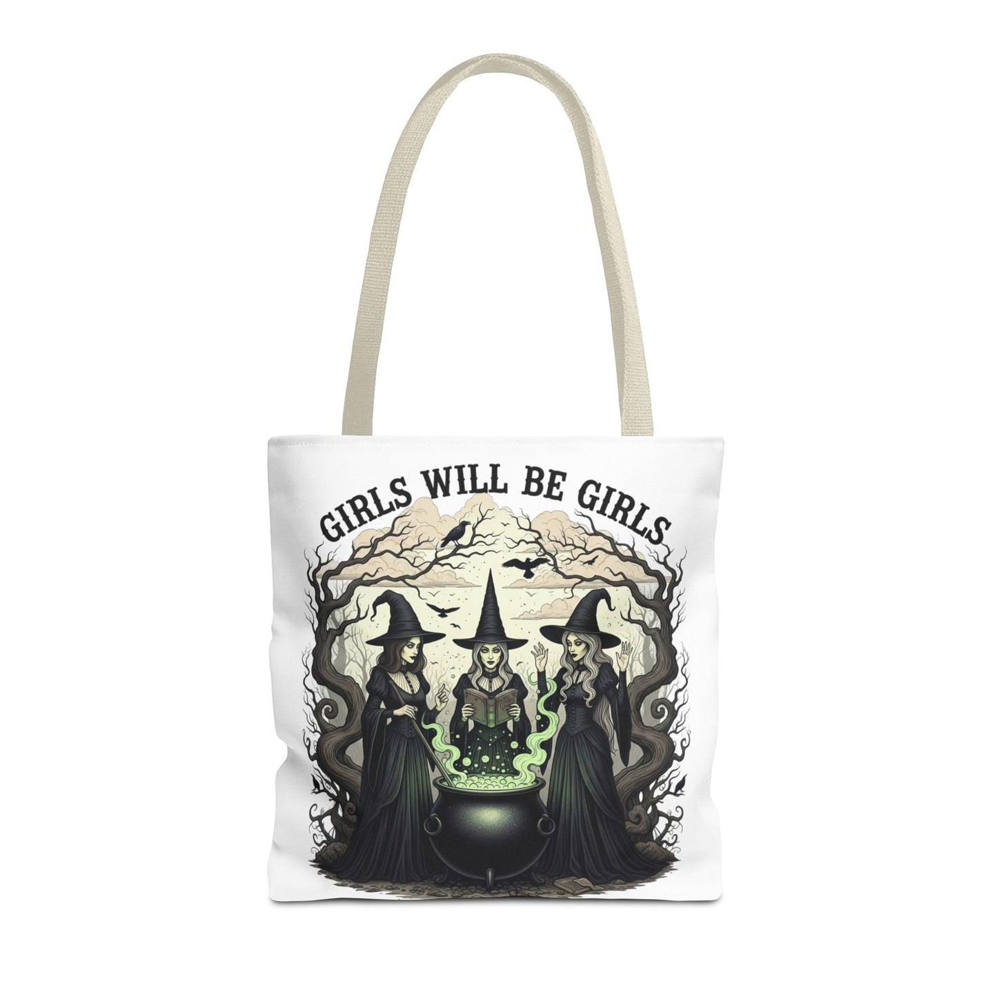 Girls Will Be Girls Halloween Tote Bag, Witchy Aesthetic Bag, Gothic Witches Cauldron Art, Spooky Gift, Reusable Eco Tote For Halloween Lovers