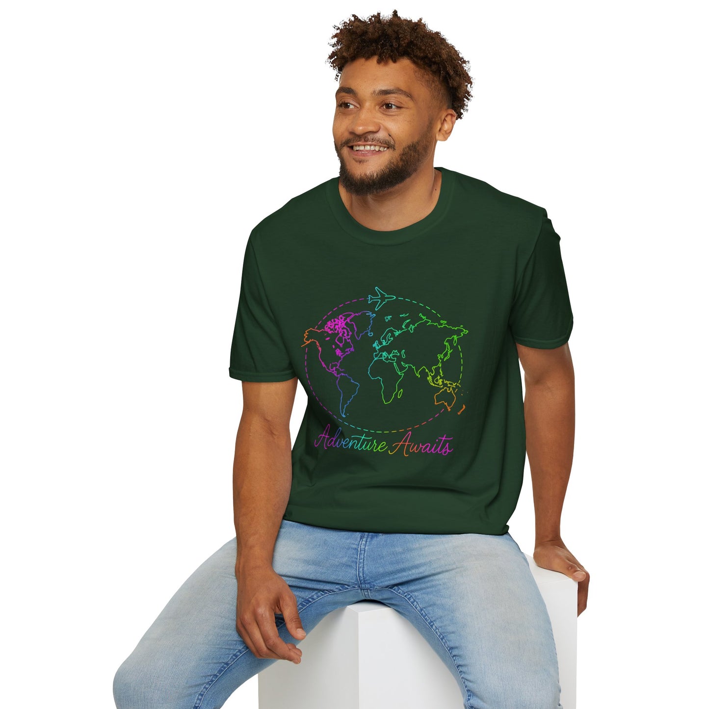 Adventure Awaits Neon Y2K Shirt - Retro Travel Tee, Rainbow Globe Graphic, Aesthetic Vacation Top, Y2K Gift for Travelers