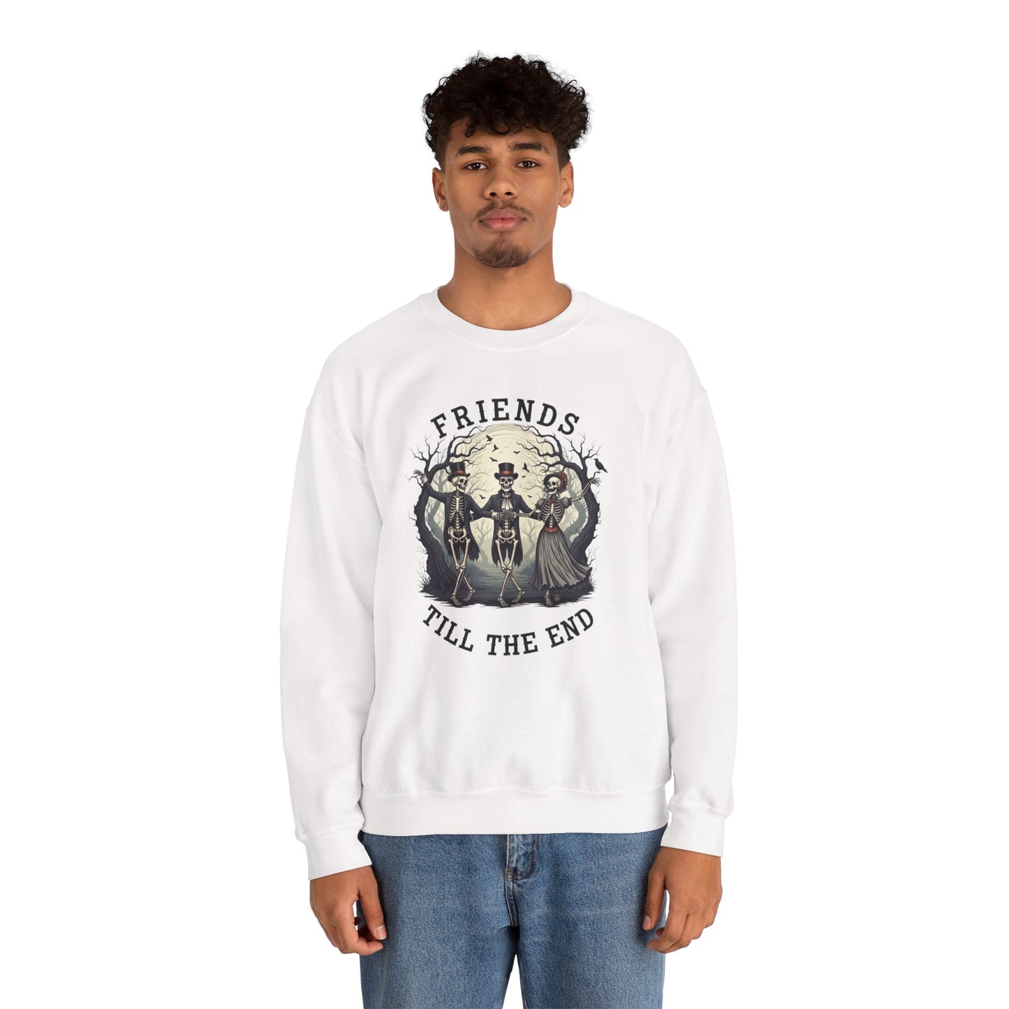 Friends Till The End Skeleton Sweatshirt | Dancing Skeletons Halloween Crewneck | Spooky Fall Graphic Pullover Gift for Bestie