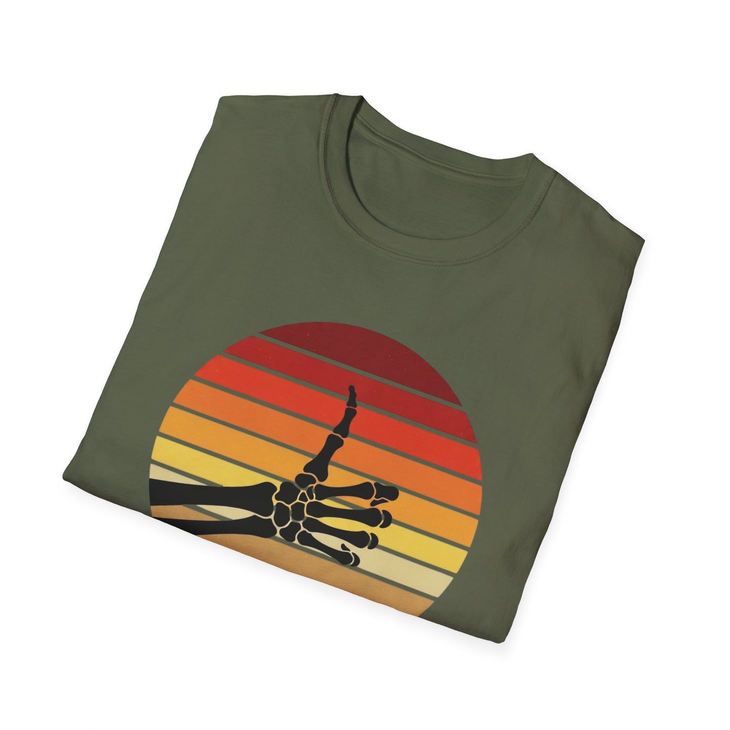 Skeleton Hand Rock On Shirt - Retro Sunset Halloween T-Shirt, Spooky Skeleton Finger Tee, Vintage 70s Style Goth Shirt, Unisex Sizes