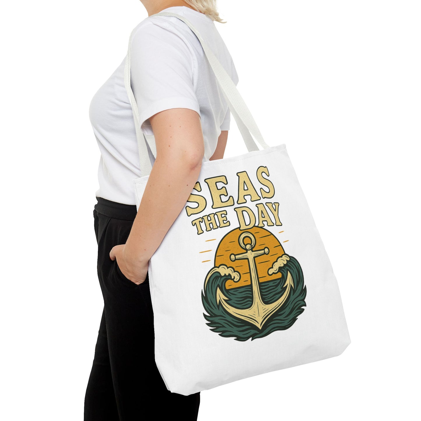 "Seas the Day" Nautical Tote Bag – Funny Beach Quote Canvas Bag with Anchor | Coastal Gift Idea for Summer, Travel, or Daily Use