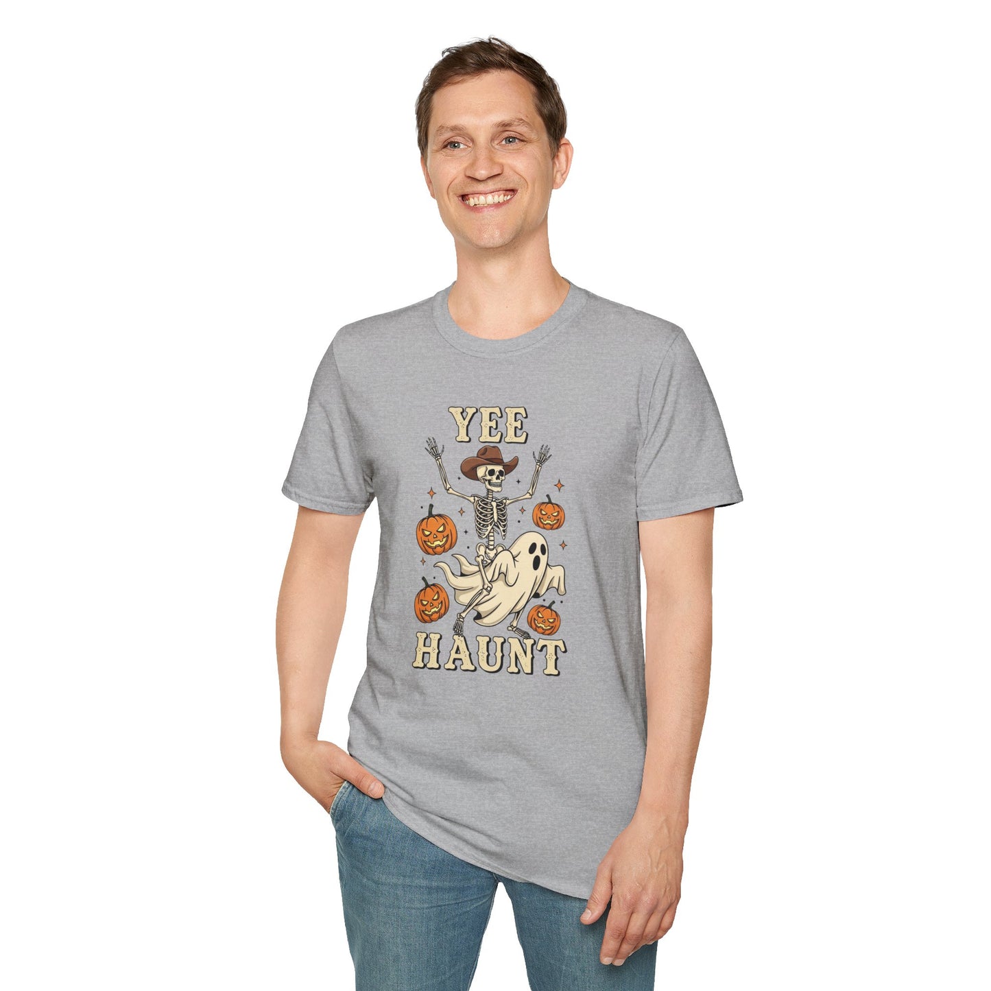 Yee Haunt Skeleton Cowboy Ghost Halloween Shirt - Spooky Western Dancing Skeleton Tee, Pumpkin Haunted Ghost Cowboy Top Fall Graphic Tee