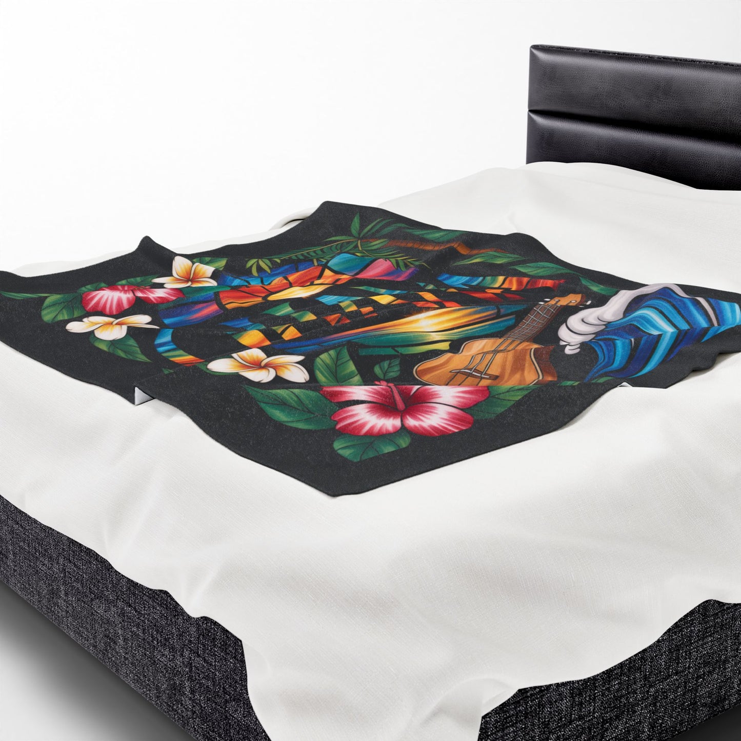 Hawaiian Ohana Blanket - Tropical Ukulele Sunset Throw with Hibiscus Flowers, Beach Waves - Cozy Island Vibes Bed Cover Gift