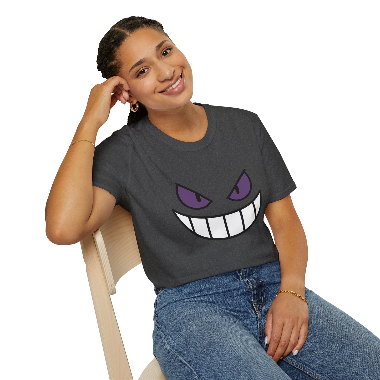 Mischievous Shadow Face Tee - Purple Eyes and Big Grin Graphic Shirt | Spooky Cute Gift, Retro Gaming Vibe, Funny Halloween Unisex Top