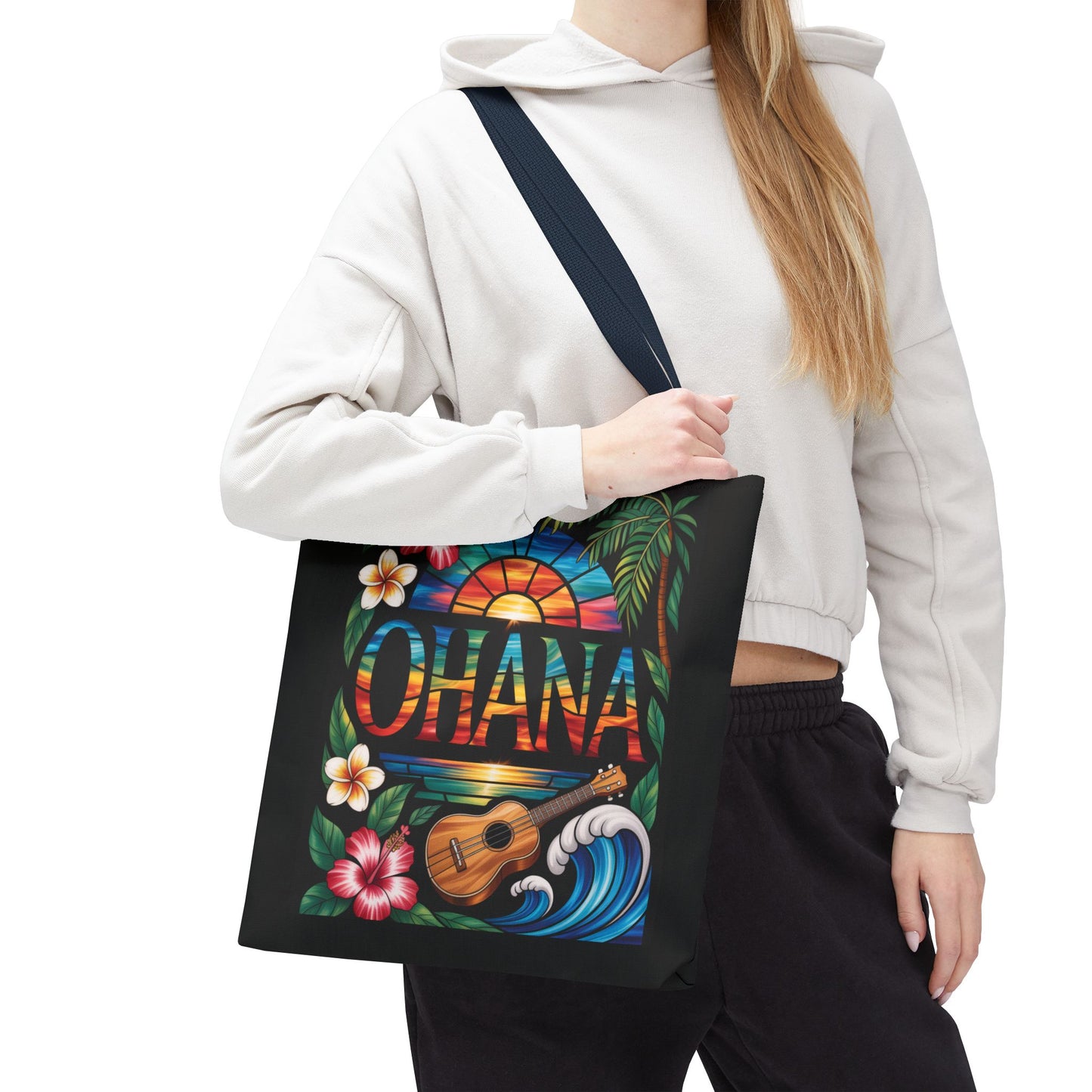 Ohana Tote Bag – Hawaiian Tropical Beach Bag with Ukulele, Sunset & Hibiscus Flowers, Island Gift for Women, Aloha Family Vibes