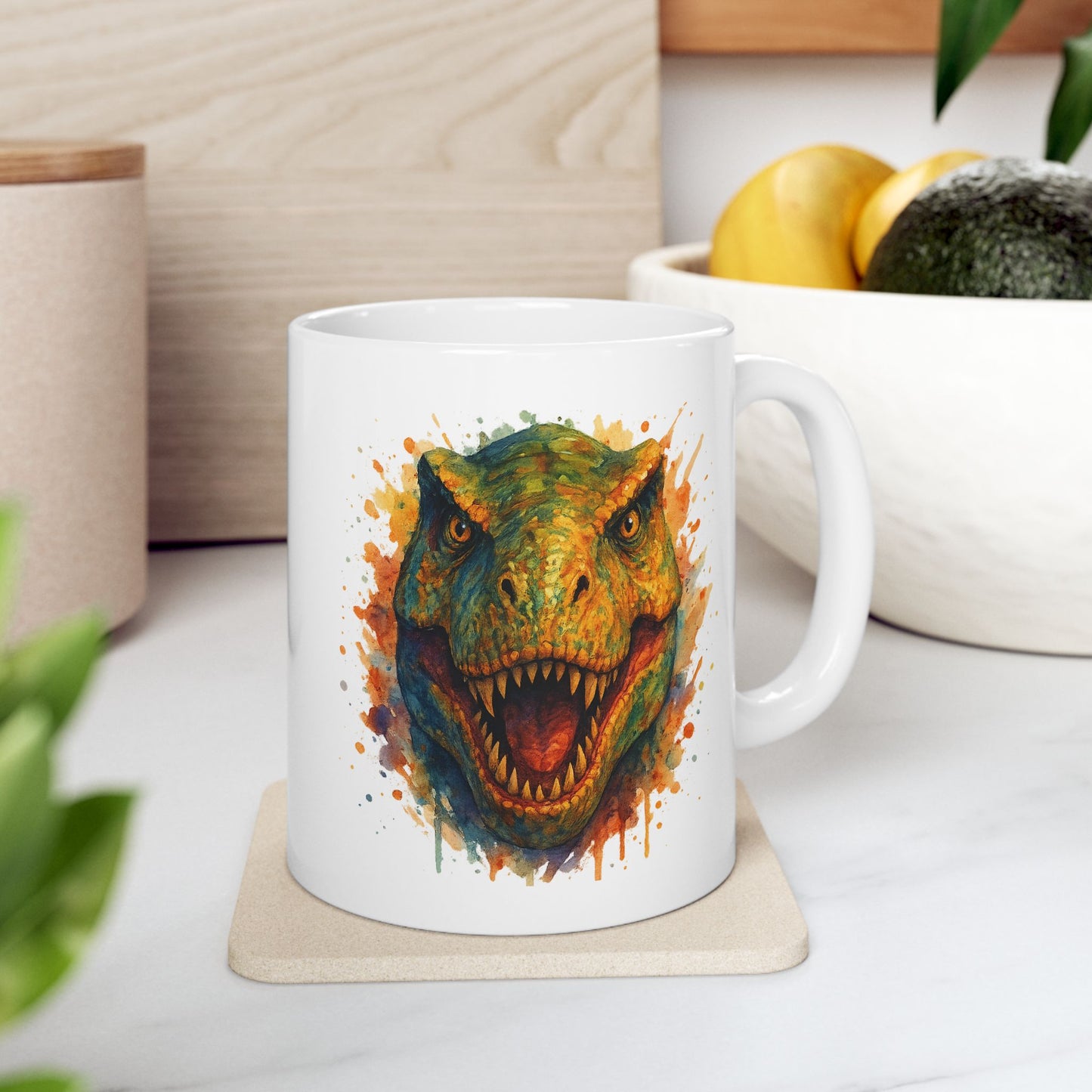 Watercolor T-Rex Mug - Ceramic Dinosaur Coffee Cup, 11oz and 15oz Tea Rex Art, Dinosaur Lover Gift, Paleontology Office Decor