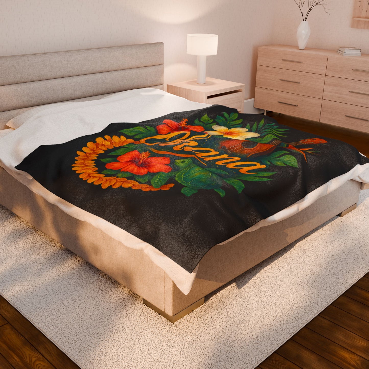 Ohana Hawaiian Blanket - Tropical Floral Turtle Ukulele Throw - Polynesian Island Bedding - Hawaii Gift - Cozy Beach Vibes Decor
