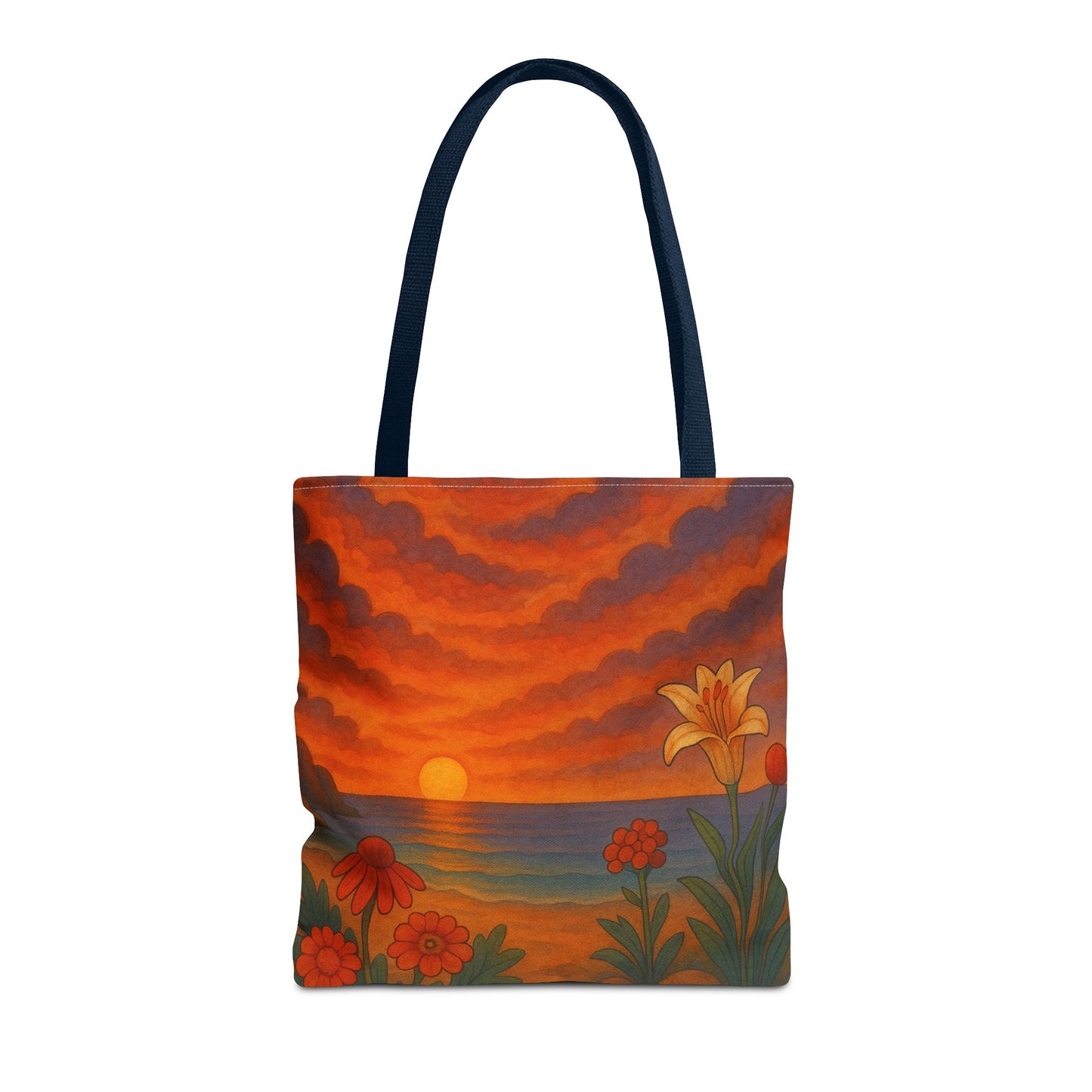 Retro Sunset Tote Bag with Wildflowers – Vibrant Floral Landscape Art, Nature-Inspired Reusable Bag, 70s Style Summer Accessory