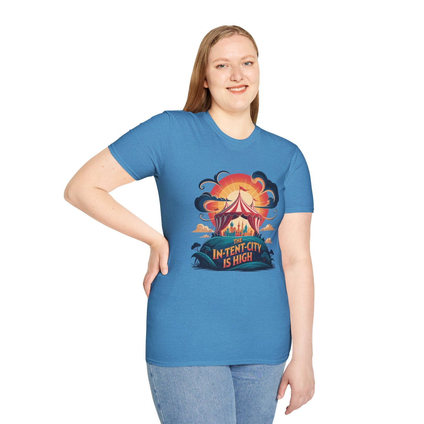 In-Tent-City Is High Retro Camp T-Shirt | Vintage Circus Tent + Cityscape Graphic | Funny Outdoors Urban Adventure Tee | Unisex Camper Shirt