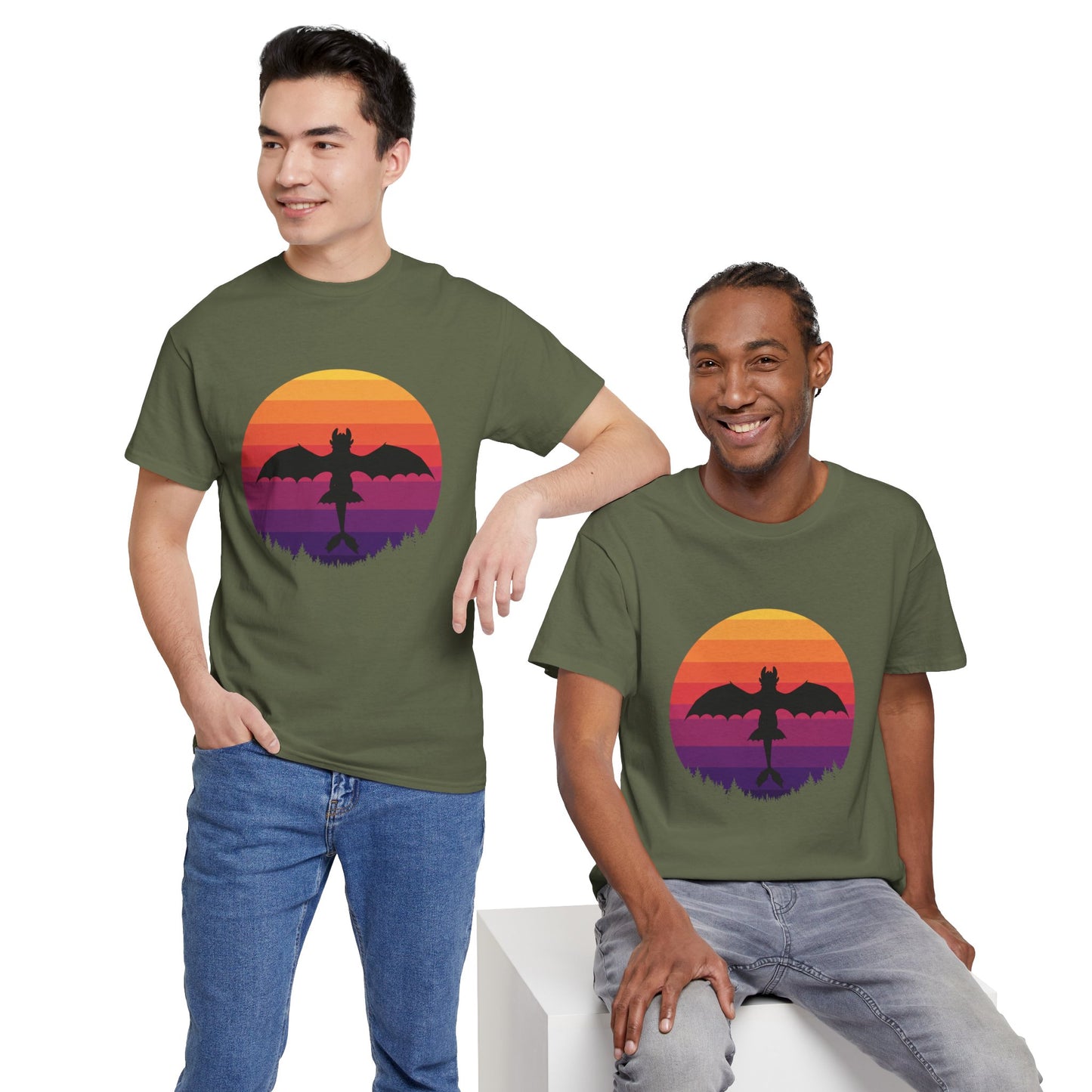 Night Dragon Sunset T-Shirt | Retro Dragon Silhouette Tee | Fantasy Dragon Shirt | Unisex Graphic Tee | Gift for Dragon Lovers