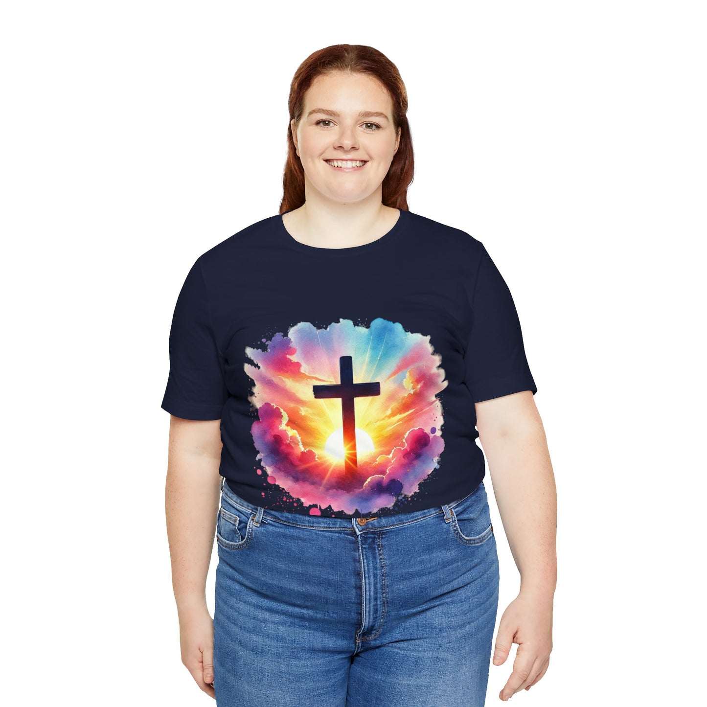 Faith Cross Sunburst Christian Tee | Inspirational Christian T-Shirt | Colorful Sunrise Cross Shirt | Faith Gifts for Women Men