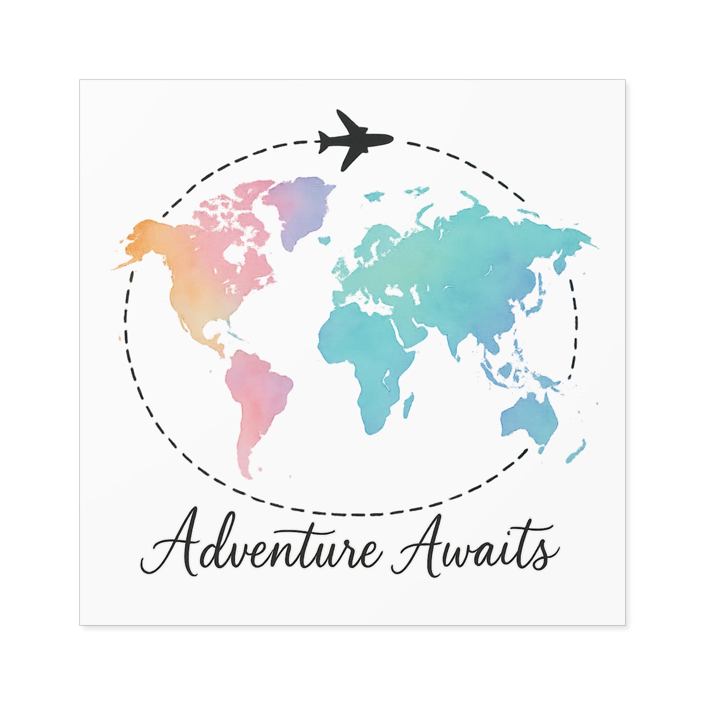 Watercolor Adventure Awaits World Map Sticker - Travel Vinyl Laptop Decal, Wanderlust Gift, Waterproof Aesthetic Globe Sticker