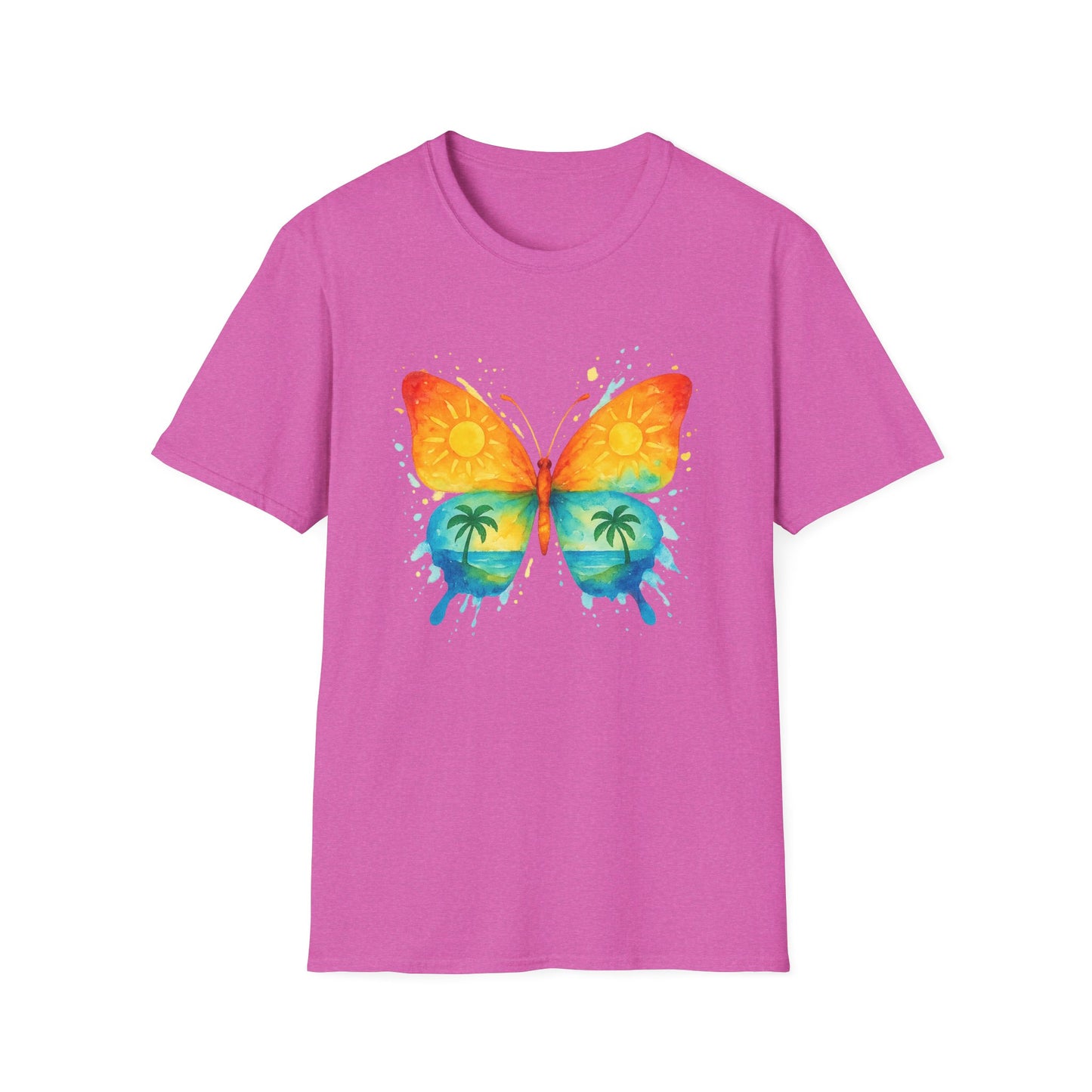 Butterfly Sunset Beach Tee - Ocean & Palm Watercolor Butterfly T-Shirt, Coastal Boho Graphic, Nature Lover Gift, Unisex Casual Tee