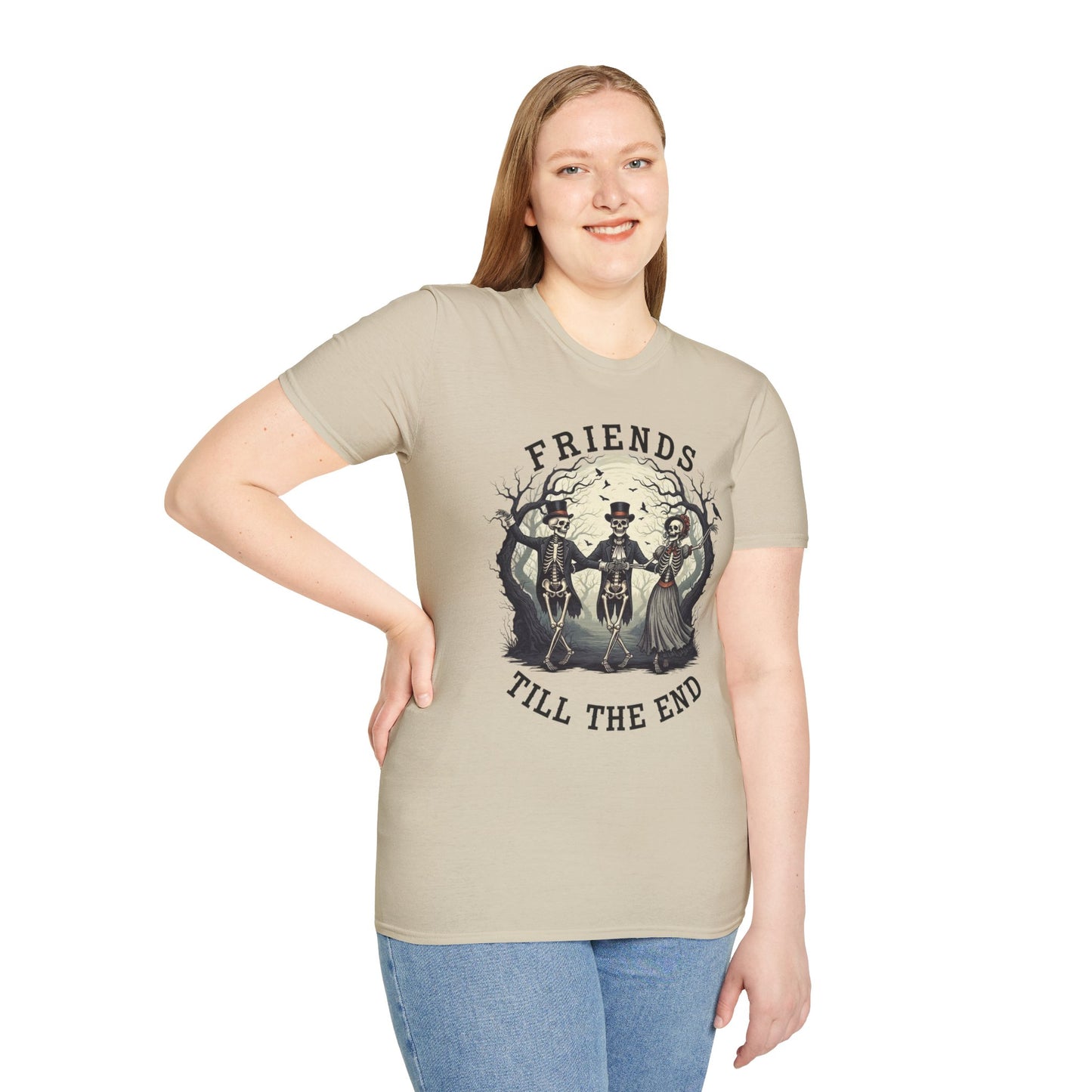 Friends Till The End Skeleton Tee | Dancing Skeleton Friends Shirt | Halloween Gothic BFF Gift | Unisex Heather Grey Graphic T-Shirt